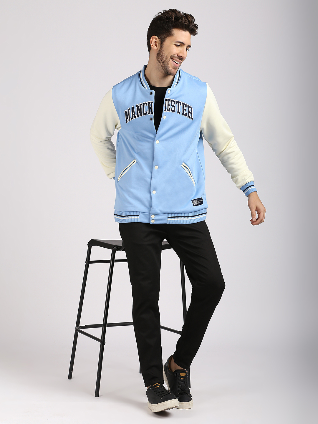 Manchester City F.C. Men Blue and White Colourblocked Full Sleeves Stand-Collar Polyester Letterman Jacket (7)