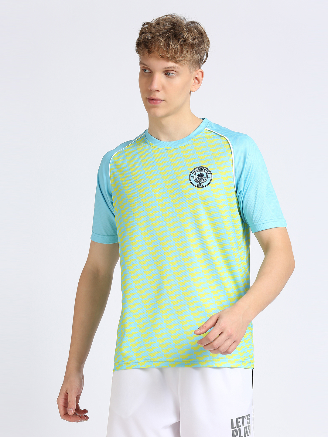 Men Blue and Yellow Printed Round Neck Polyester T-shirt