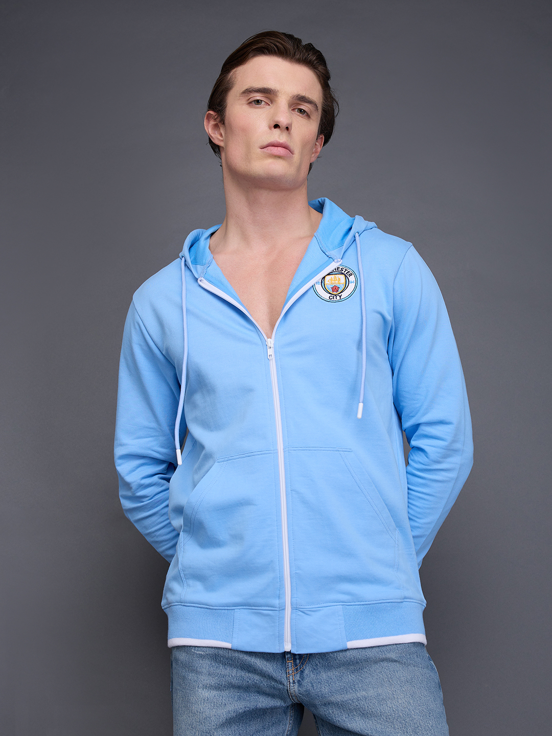 Men Blue Printed Full Sleeves Zipper Cotton Sweatshirts
