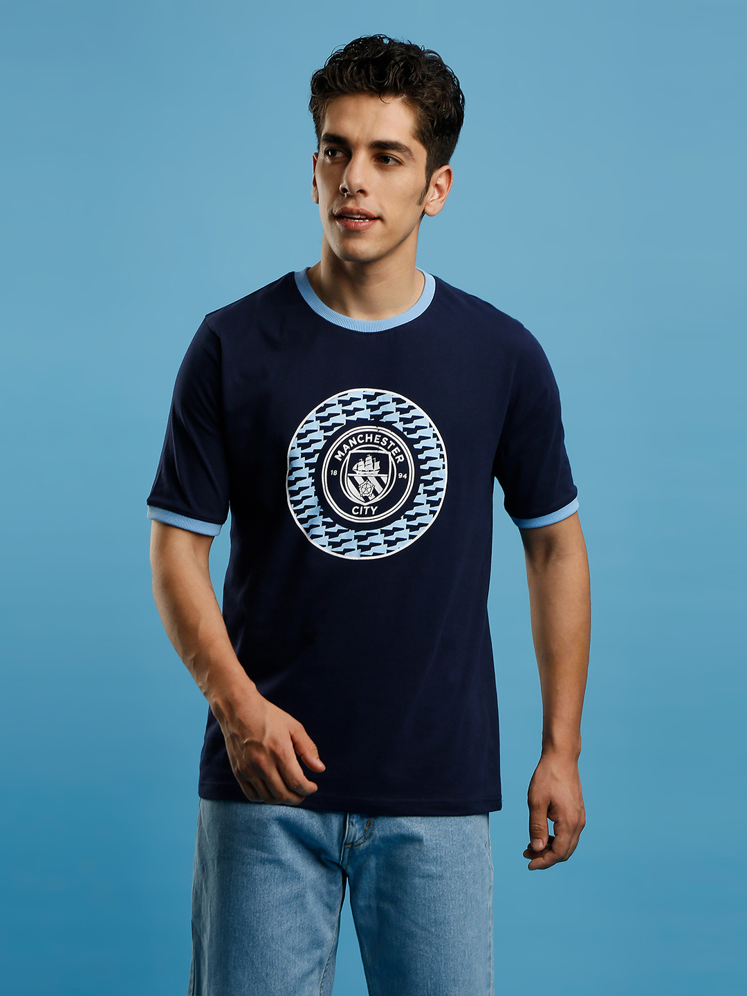 Men Blue Typography Logo Printed Round Neck Cotton T-Shirt