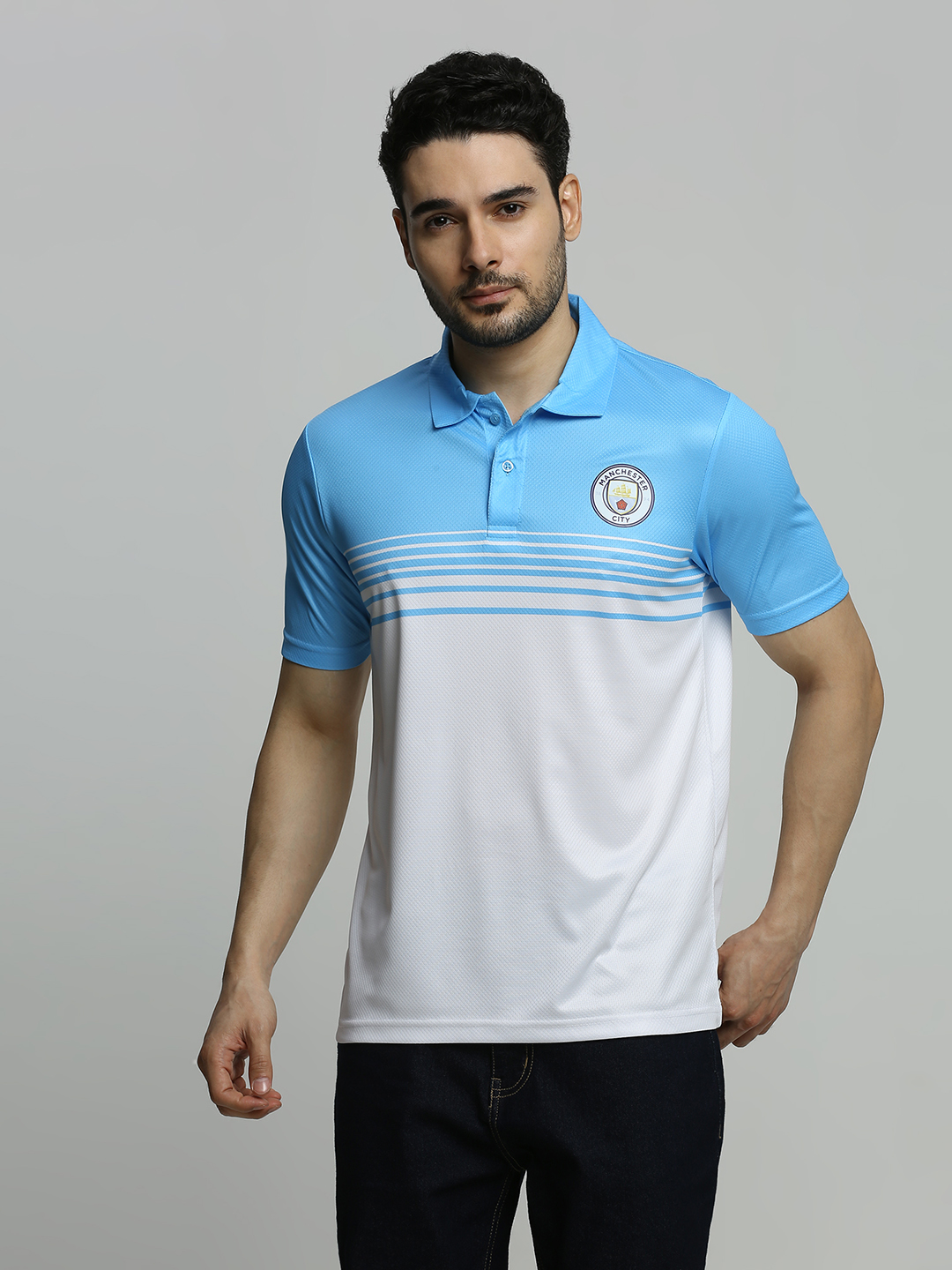 Men Blue & White Colourblocked Short Sleeves Polo Neck Polyester T-shirt