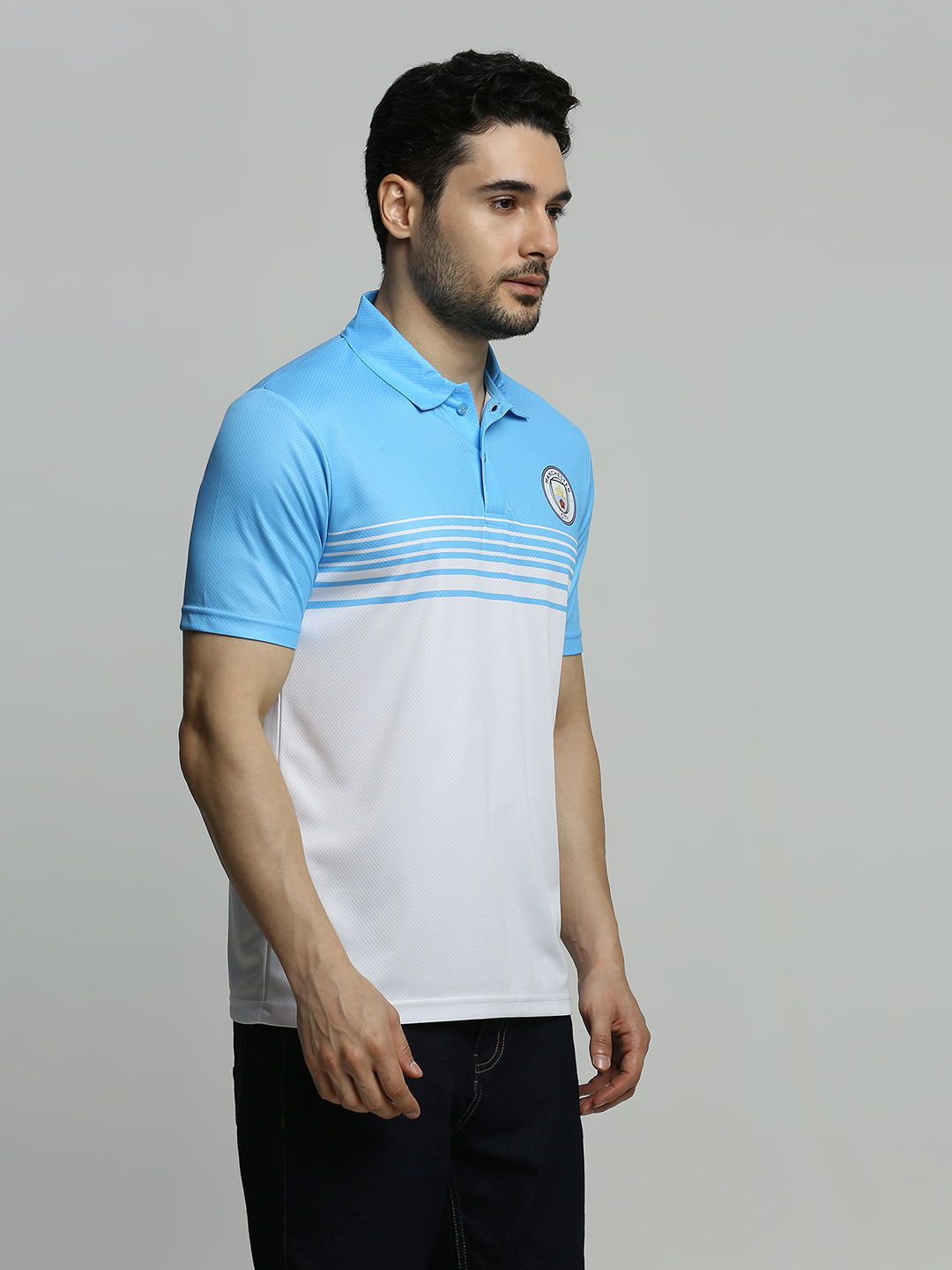 Manchester City F.C. Men Blue & White Colourblocked Short Sleeves Polo Neck Polyester T-shirt (3)