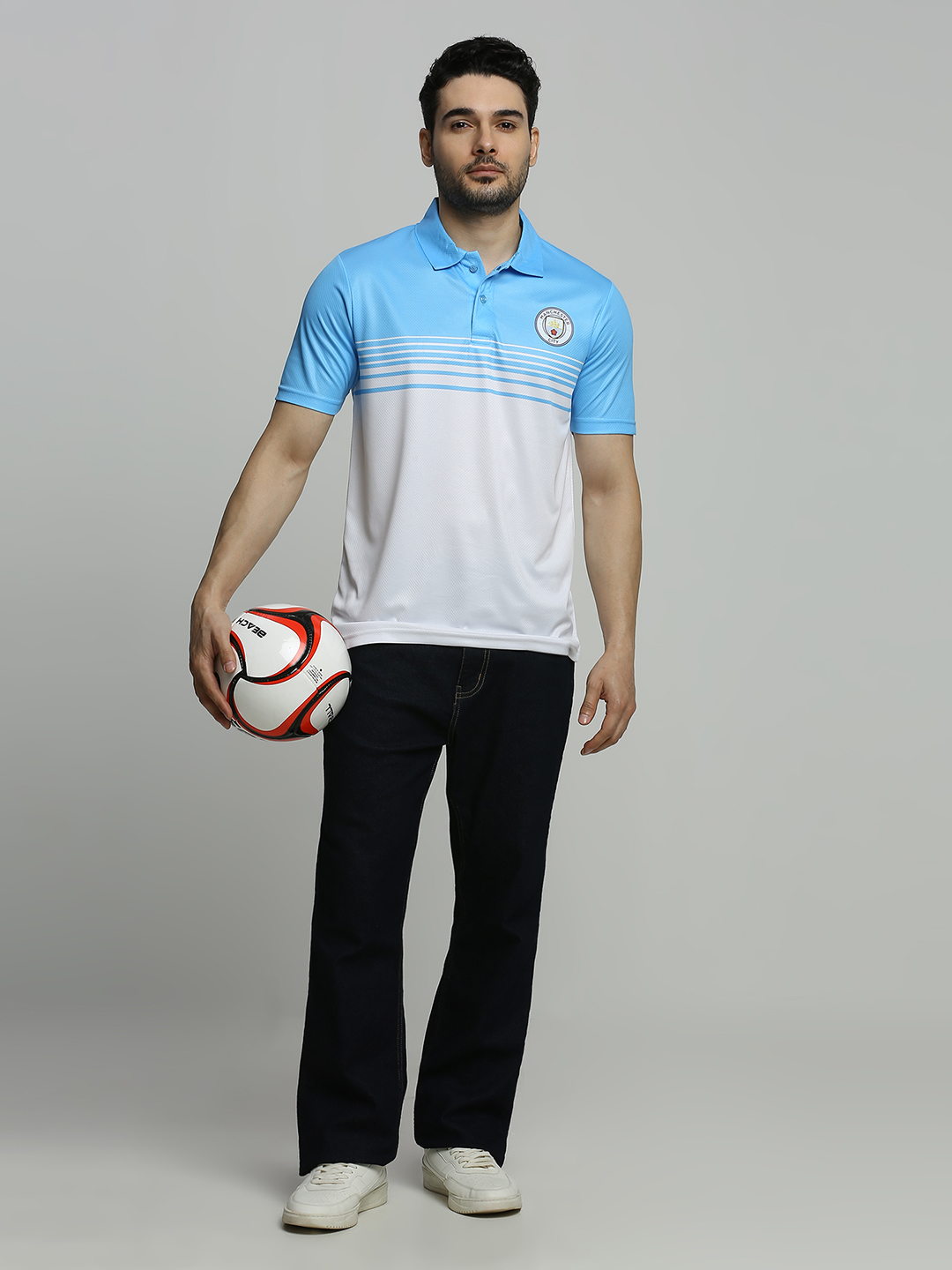 Manchester City F.C. Men Blue & White Colourblocked Short Sleeves Polo Neck Polyester T-shirt (5)