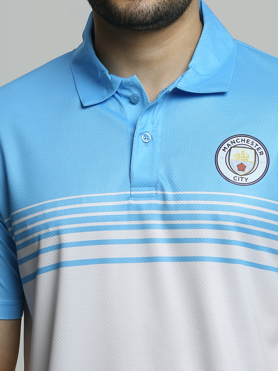 Manchester City F.C. Men Blue & White Colourblocked Short Sleeves Polo Neck Polyester T-shirt (6)