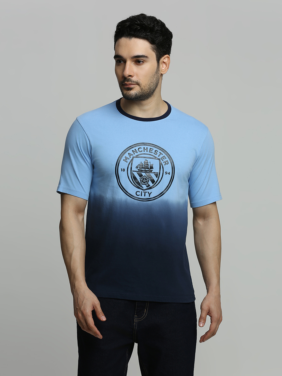 Men Dark Blue Ombre Printed Round Neck Cotton T-shirt