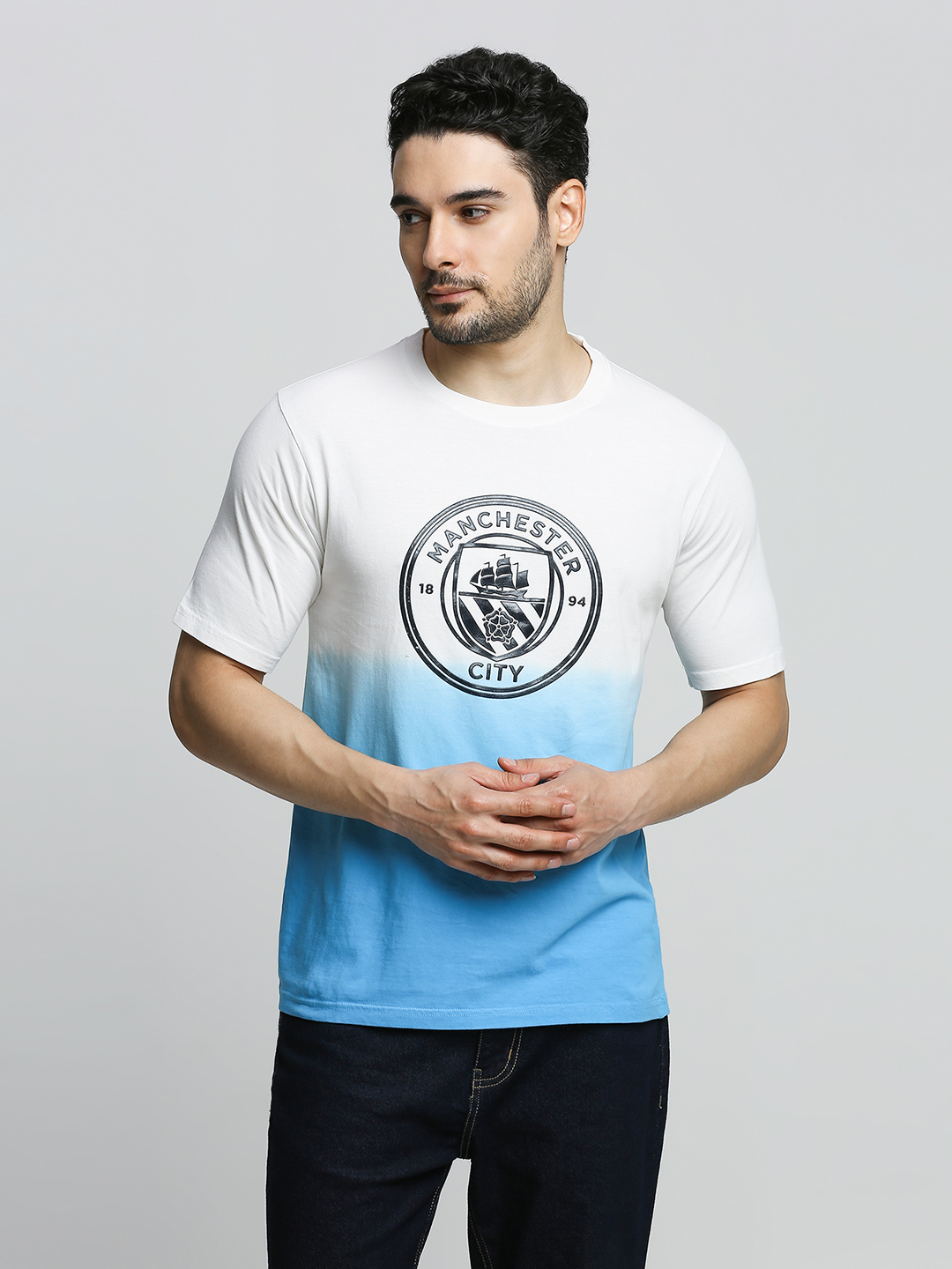 Men Light Blue Ombre Printed Round Neck Cotton T-shirt