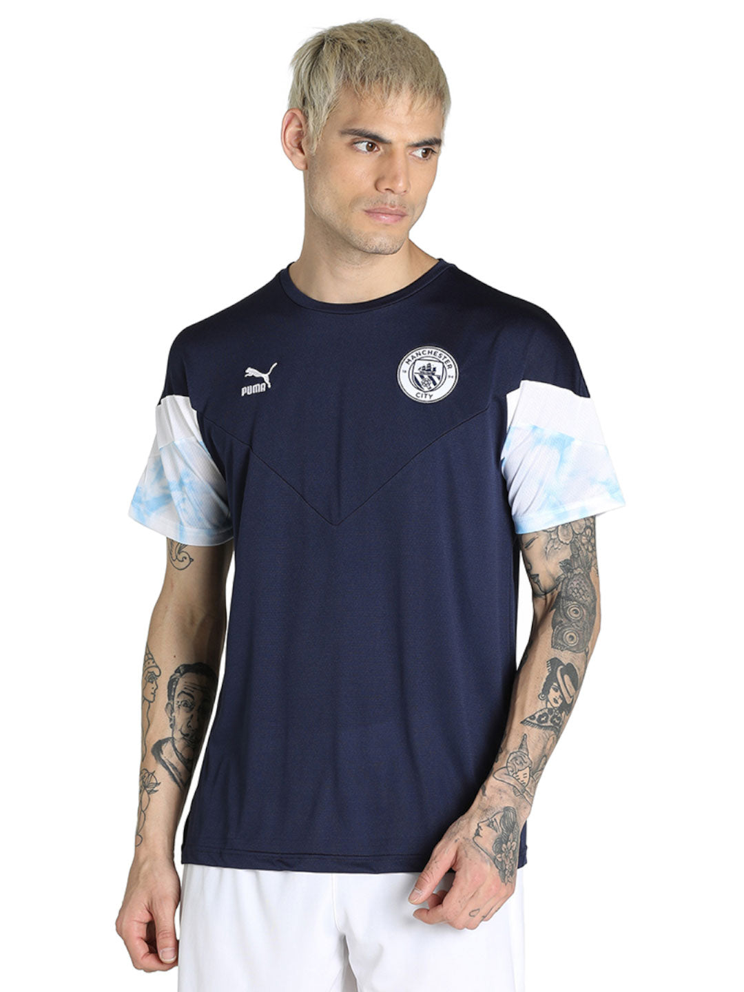 Manchester City F.C. Men Navy Blue and White Colourblocked Half Sleeves Round Neck Polyester Iconic T-Shirt (1)