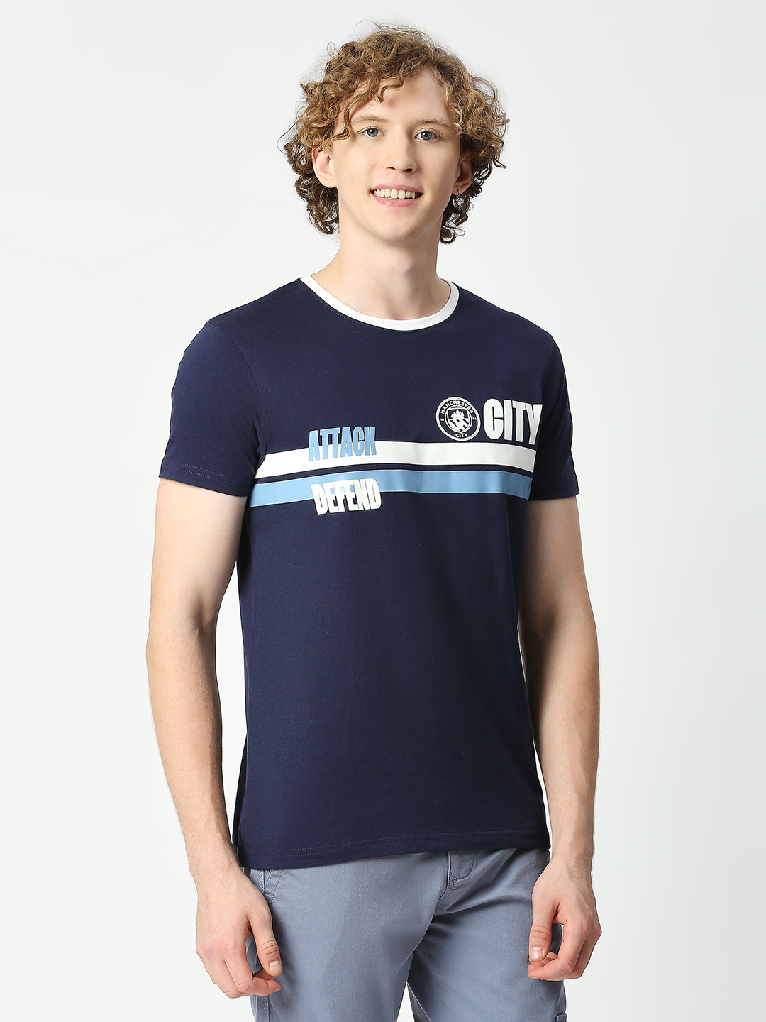 Manchester City F.C. Men Navy Blue and White Graphic Printed Half Sleeves Round Neck Cotton T-Shirt (1)