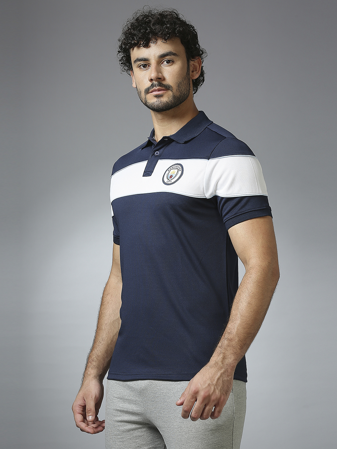 Manchester City F.C. Men Navy Blue and White Half Sleeves Polo Collar Cut and Sew Crest T-Shirts (2)