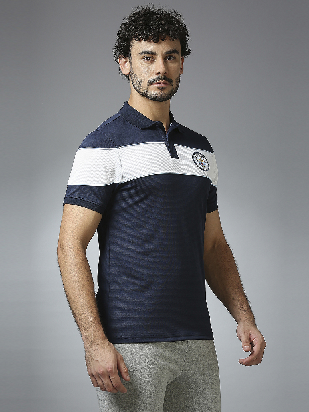 Manchester City F.C. Men Navy Blue and White Half Sleeves Polo Collar Cut and Sew Crest T-Shirts (3)
