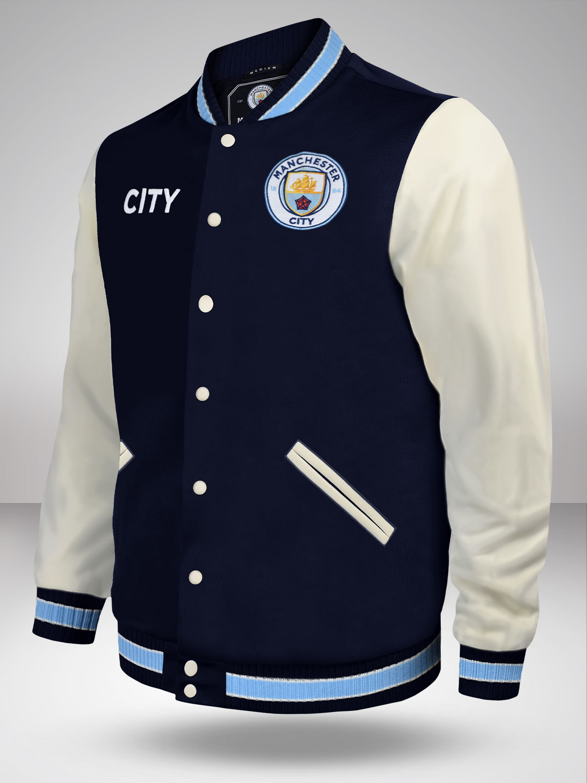 Manchester City F.C. Men Navy Blue and White Printed Full Sleeves Stand Collar Outdoor Varsity Poly Fleece Jacket (1)