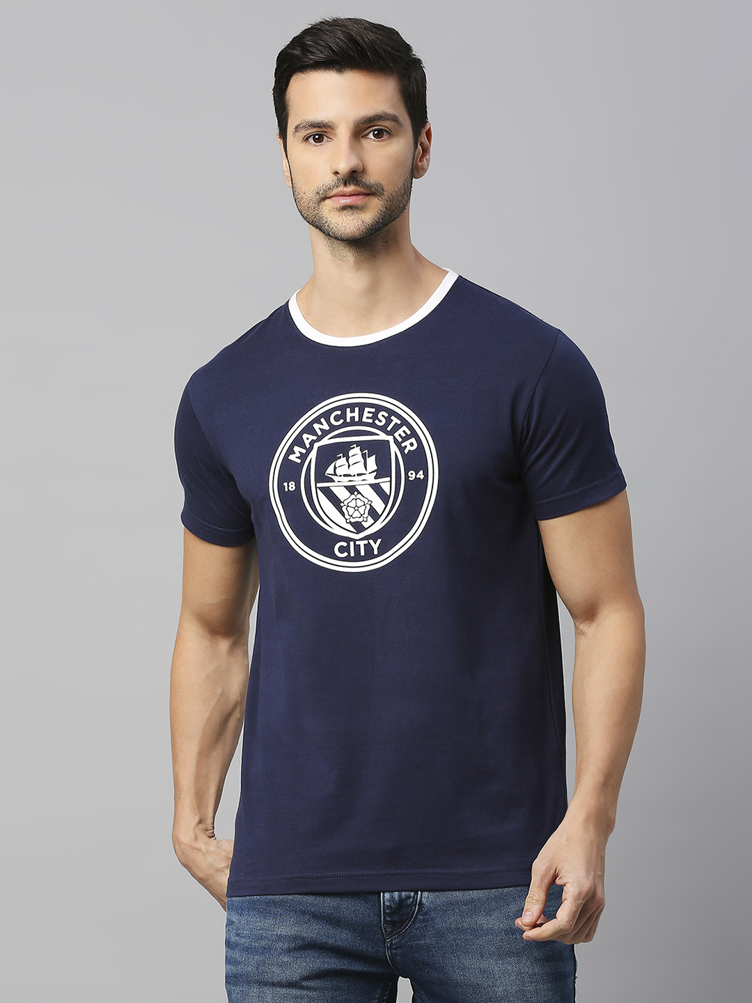 Men Navy Blue and White Printed Half Sleeves Round Neck Classic Cotton T-Shirt