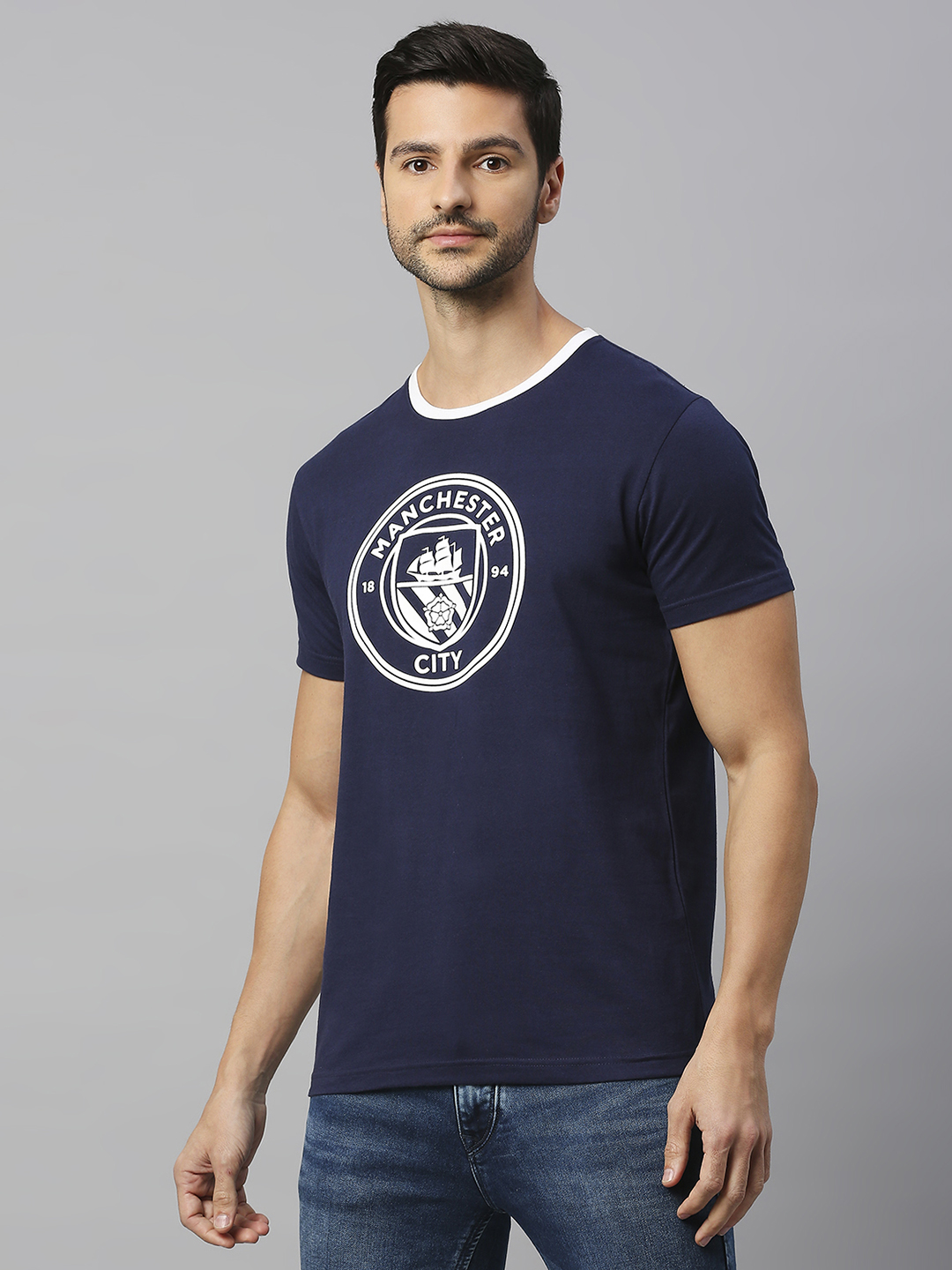 Manchester City F.C. Men Navy Blue and White Printed Half Sleeves Round Neck Classic Cotton T-Shirt (2)
