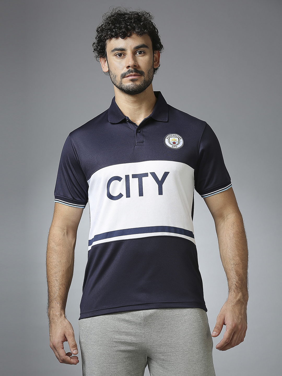 Men Navy Blue Half Sleeves Polo Collar Cut & Sew T-Shirt