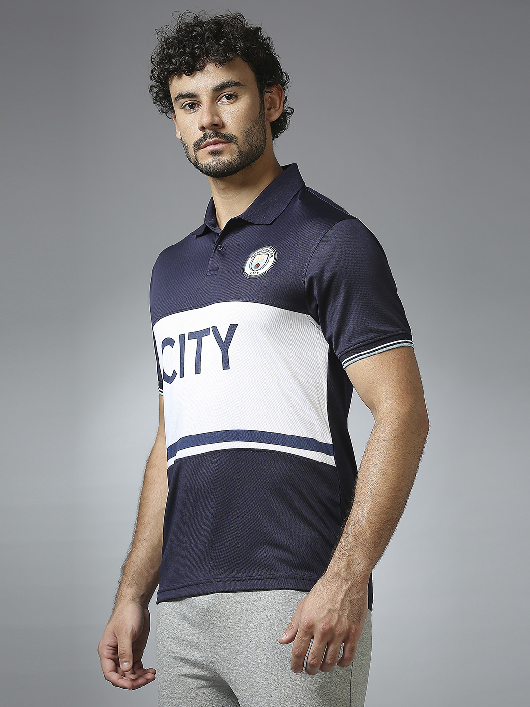Manchester City F.C. Men Navy Blue Half Sleeves Polo Collar Cut & Sew T-Shirt (2)