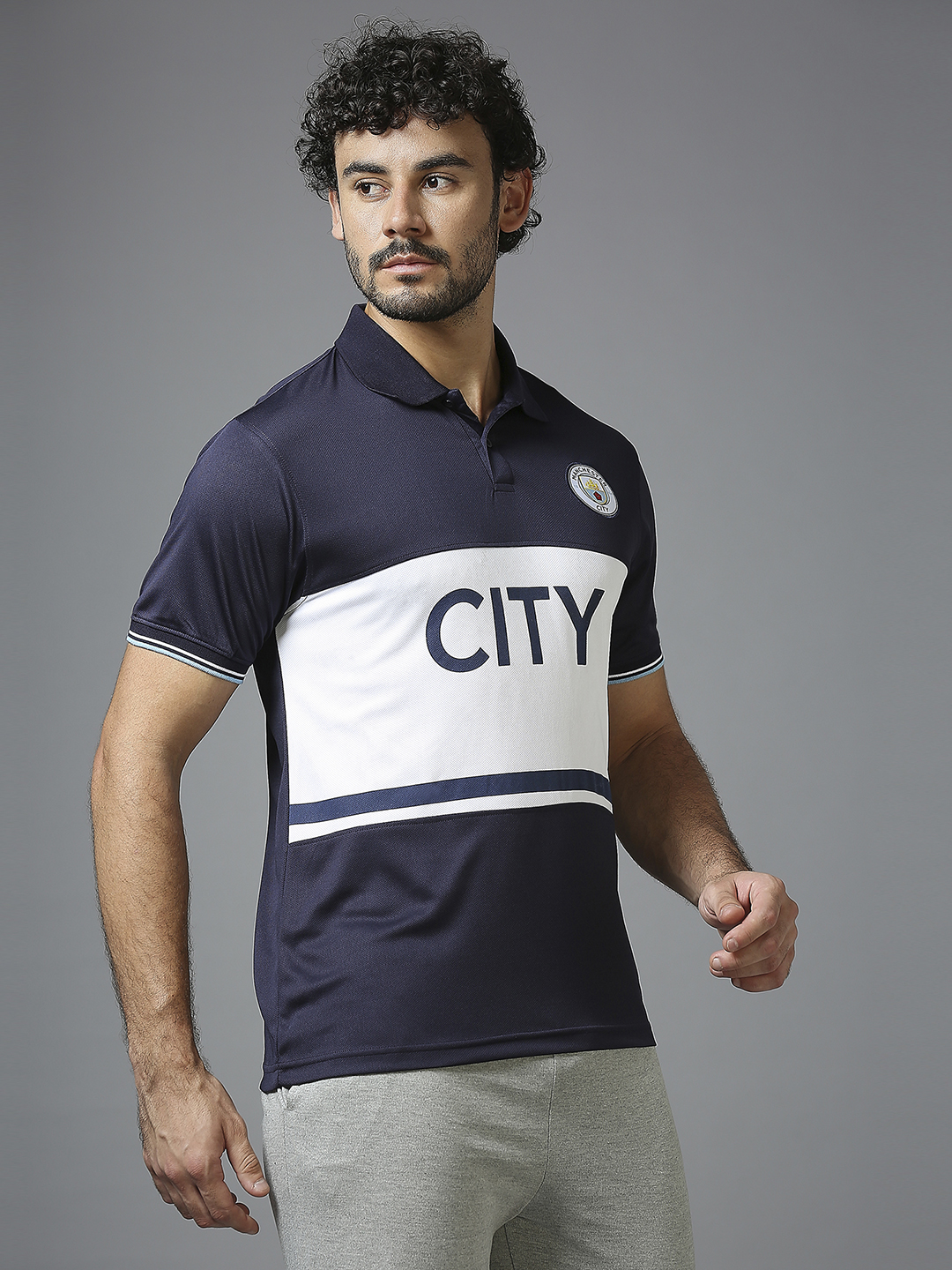 Manchester City F.C. Men Navy Blue Half Sleeves Polo Collar Cut & Sew T-Shirt (3)