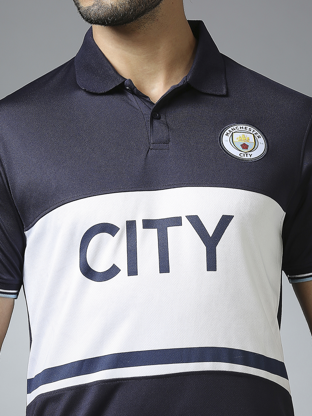 Manchester City F.C. Men Navy Blue Half Sleeves Polo Collar Cut & Sew T-Shirt (5)