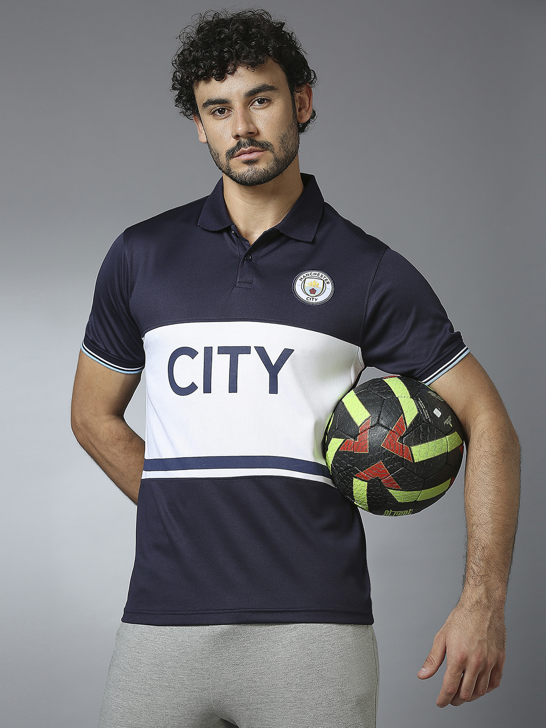 Manchester City F.C. Men Navy Blue Half Sleeves Polo Collar Cut & Sew T-Shirt (8)