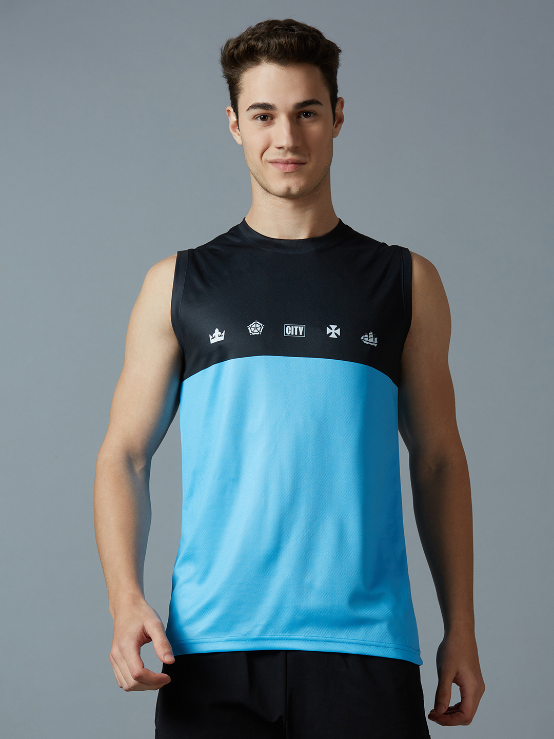 Men Sky Blue and Black Printed Colorblocked Polyester Vest