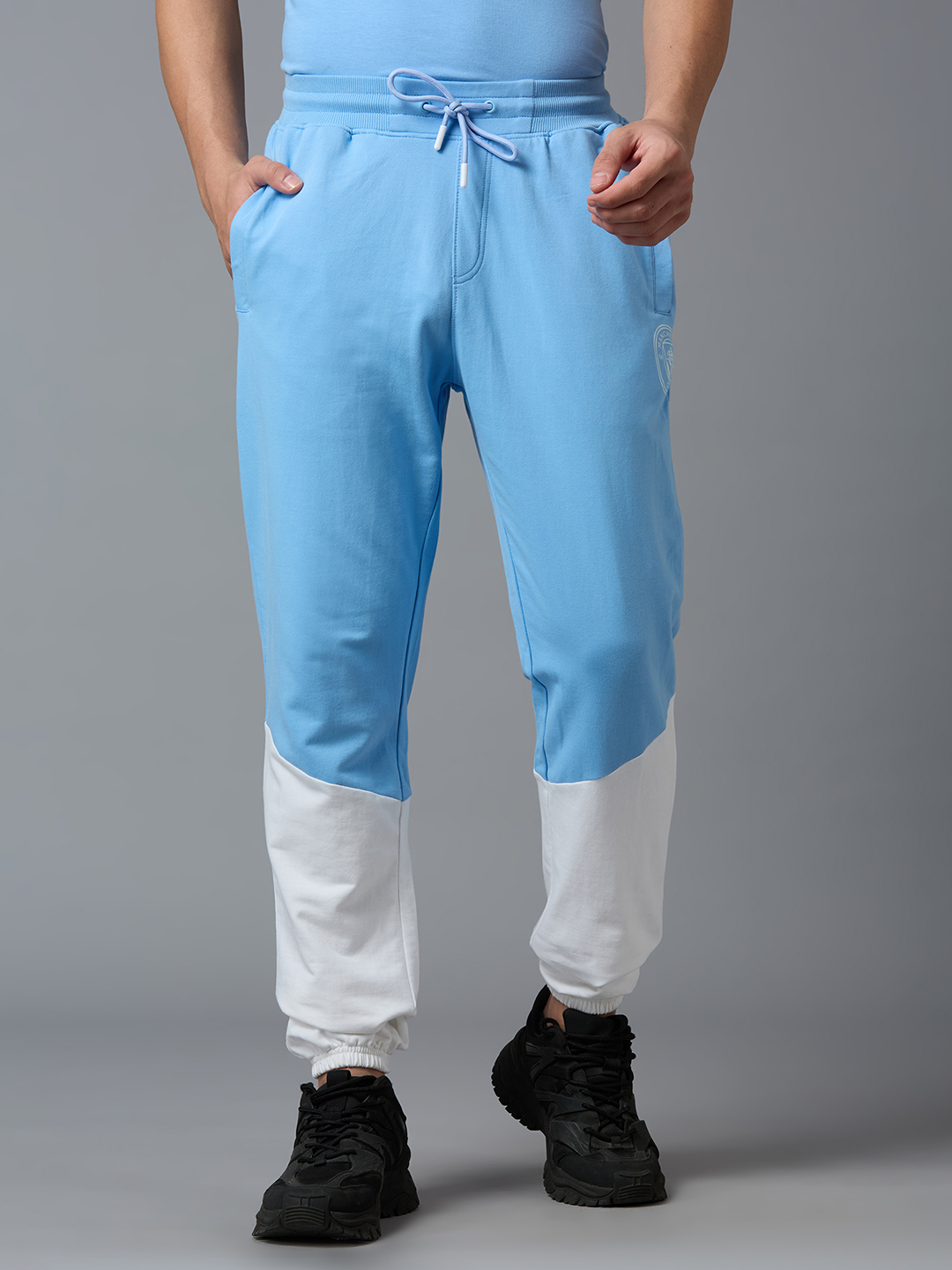 Men Sky Blue and White Printed Colorblocked Mid-Rise Cotton Joggers