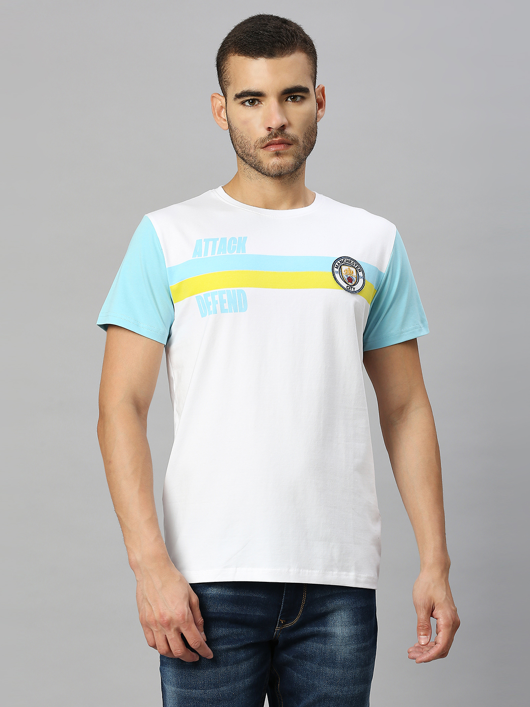 Manchester City F.C. Men White and Blue Typography Printed Round Neck Cotton T-shirt (1)