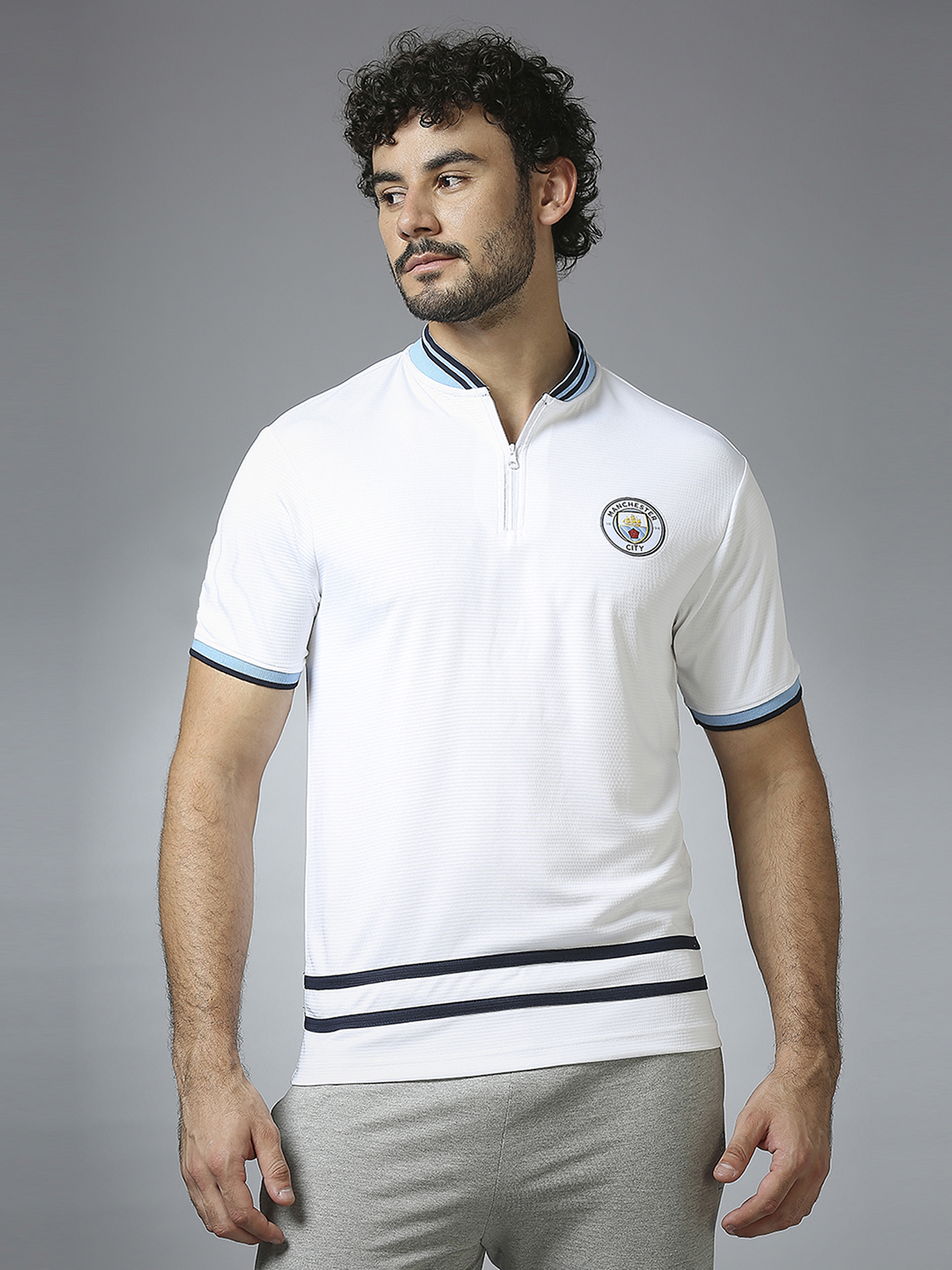Men White Logo Printed Half Sleeves Henley Neck Polyester T-Shirt
