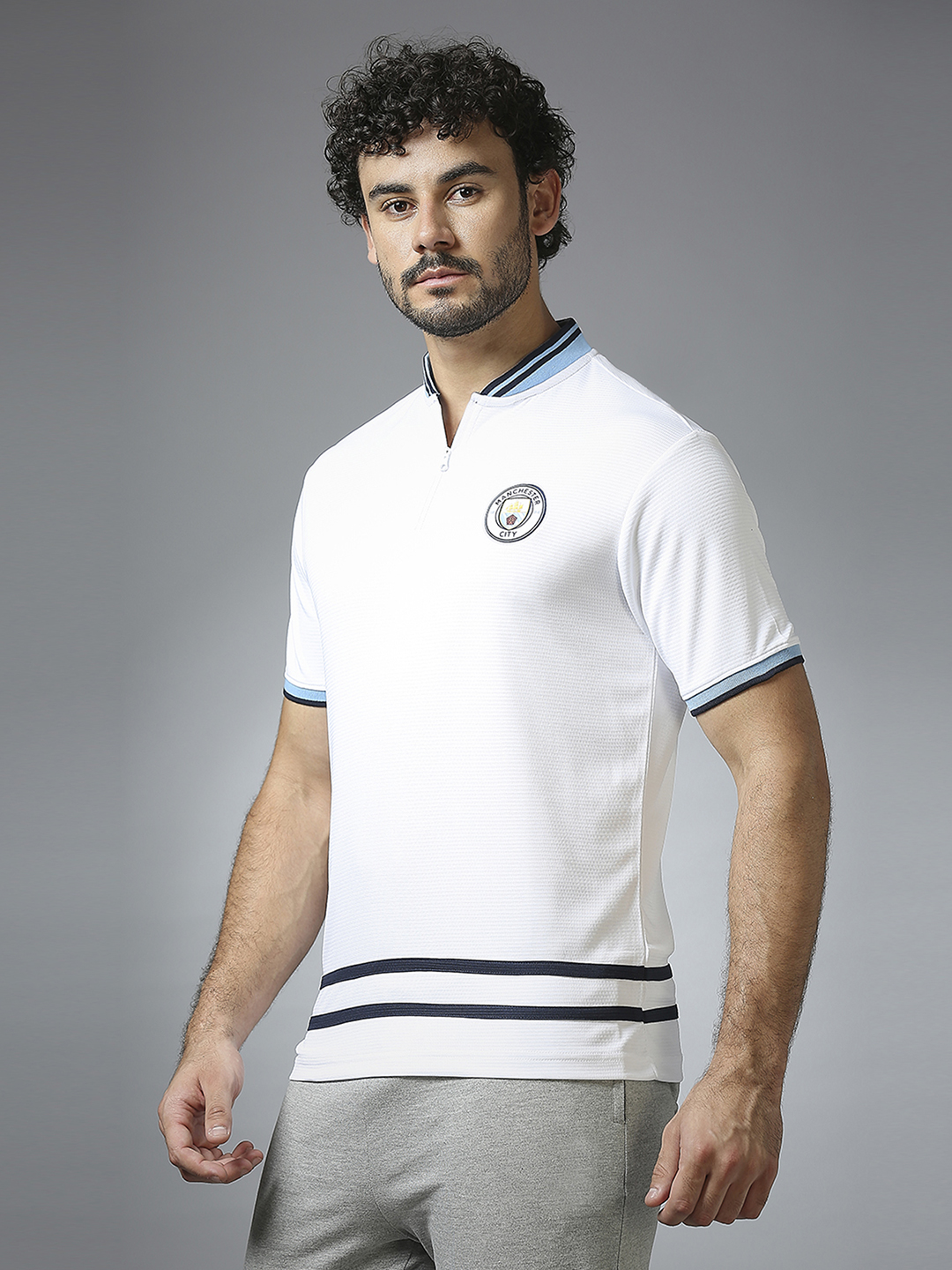 Manchester City F.C. Men White Logo Printed Half Sleeves Henley Neck Polyester T-Shirt (2)