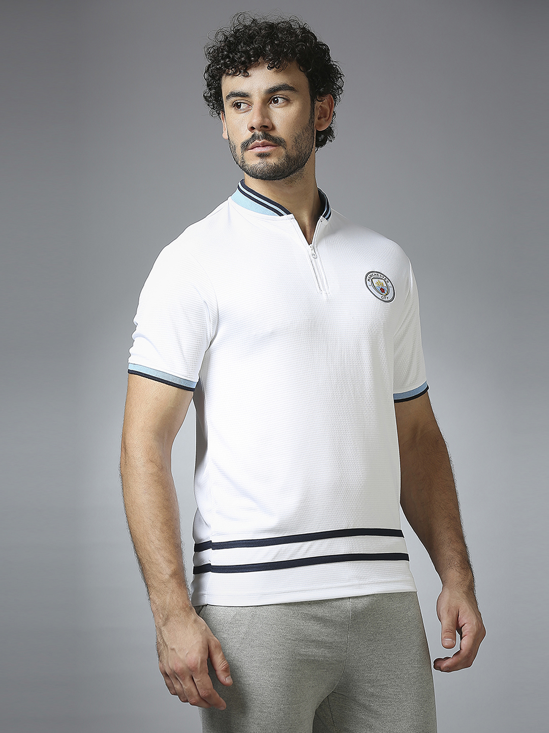 Manchester City F.C. Men White Logo Printed Half Sleeves Henley Neck Polyester T-Shirt (3)