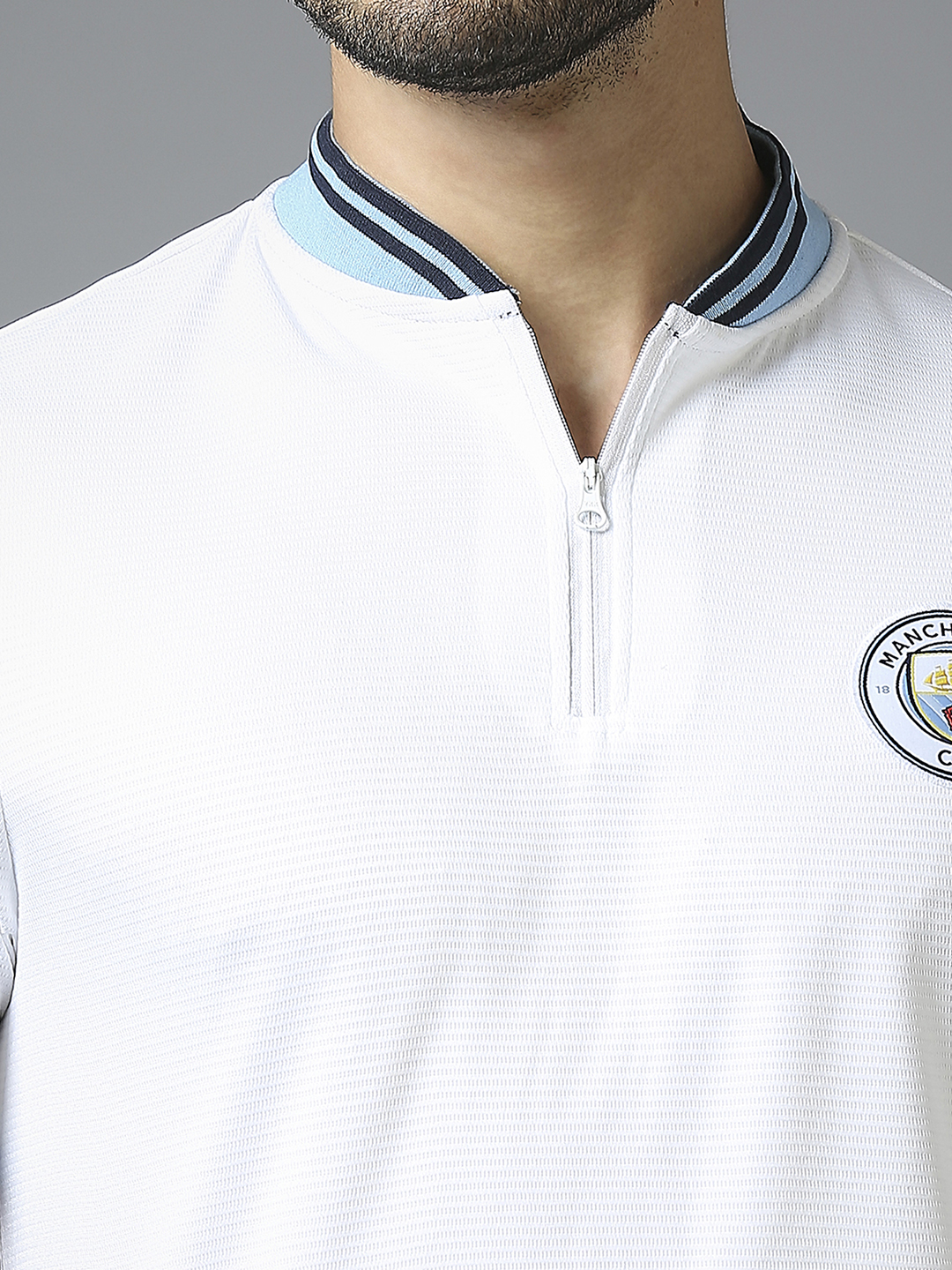 Manchester City F.C. Men White Logo Printed Half Sleeves Henley Neck Polyester T-Shirt (5)