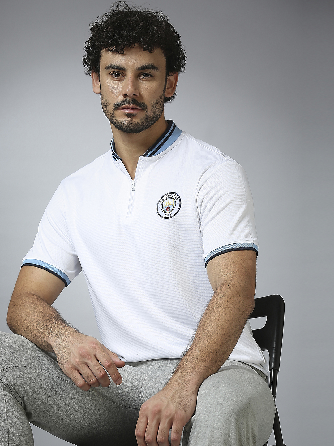 Manchester City F.C. Men White Logo Printed Half Sleeves Henley Neck Polyester T-Shirt (8)