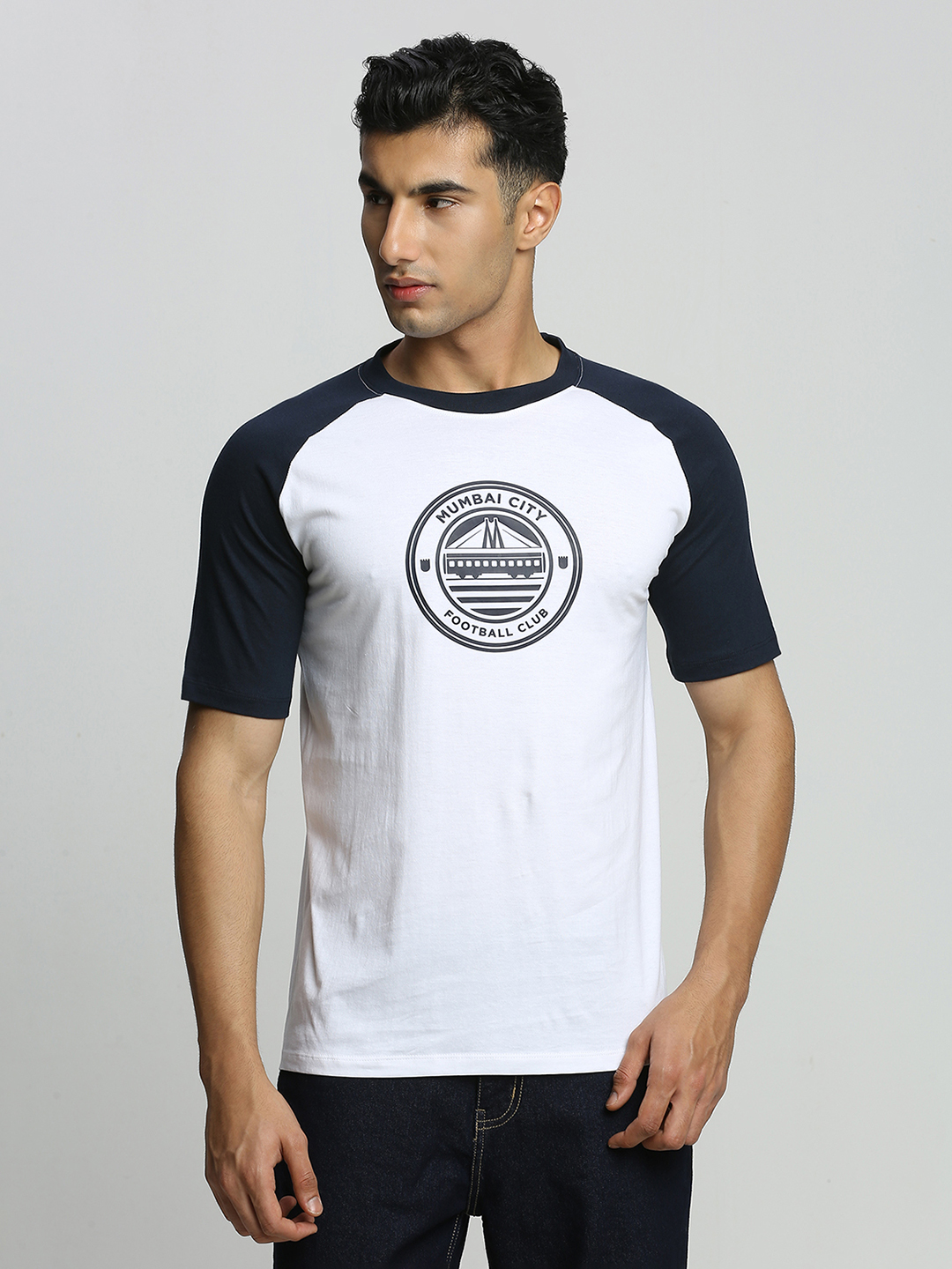 Men White and Navy Blue Logo Cotton Round Neck T-shirt