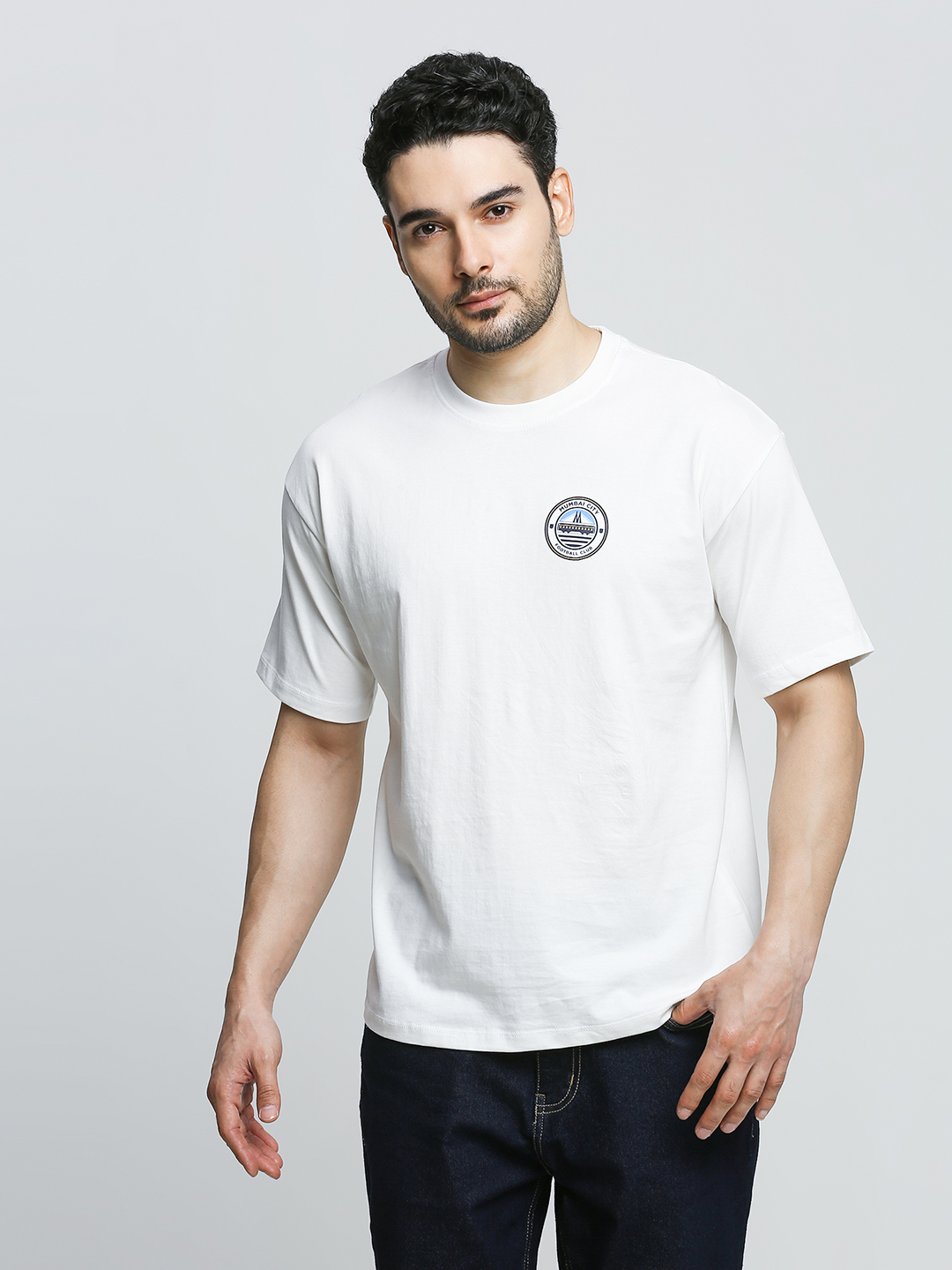 Men White Logo Oversized Cotton Cotton Round Neck T-shirt