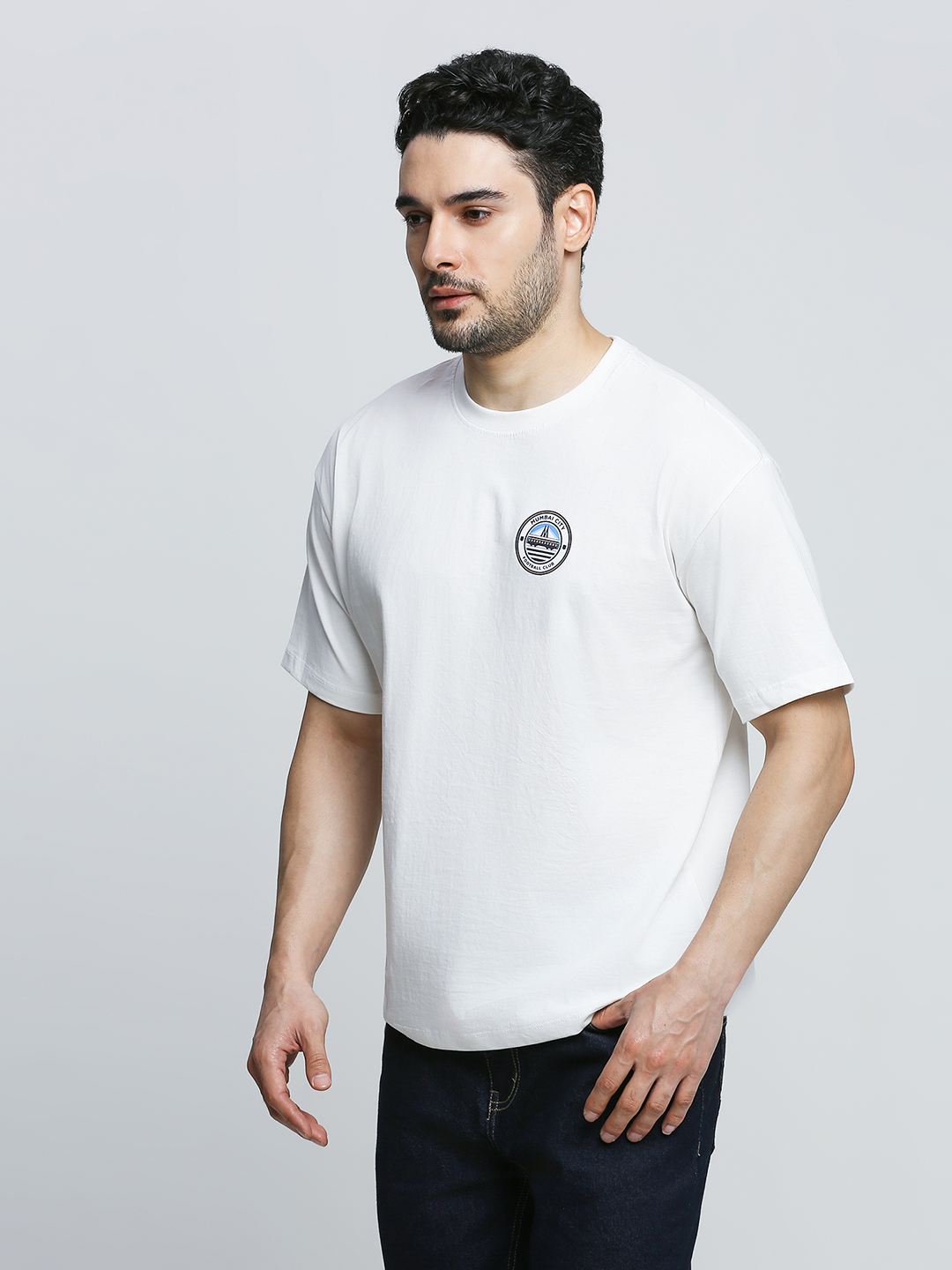 Mumbai City FC Men White Logo Oversized Cotton Cotton Round Neck T-shirt (2)