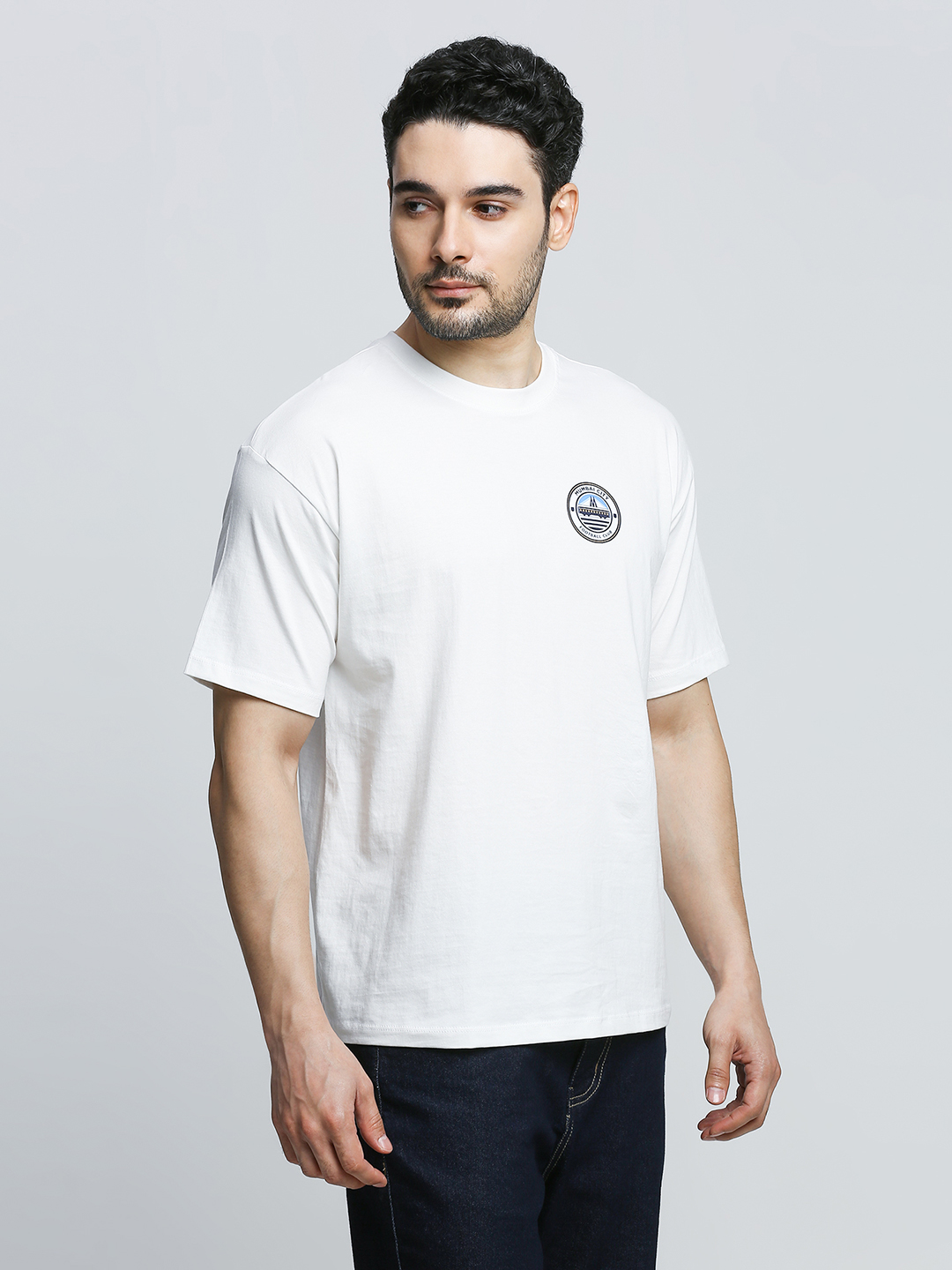 Mumbai City FC Men White Logo Oversized Cotton Cotton Round Neck T-shirt (3)