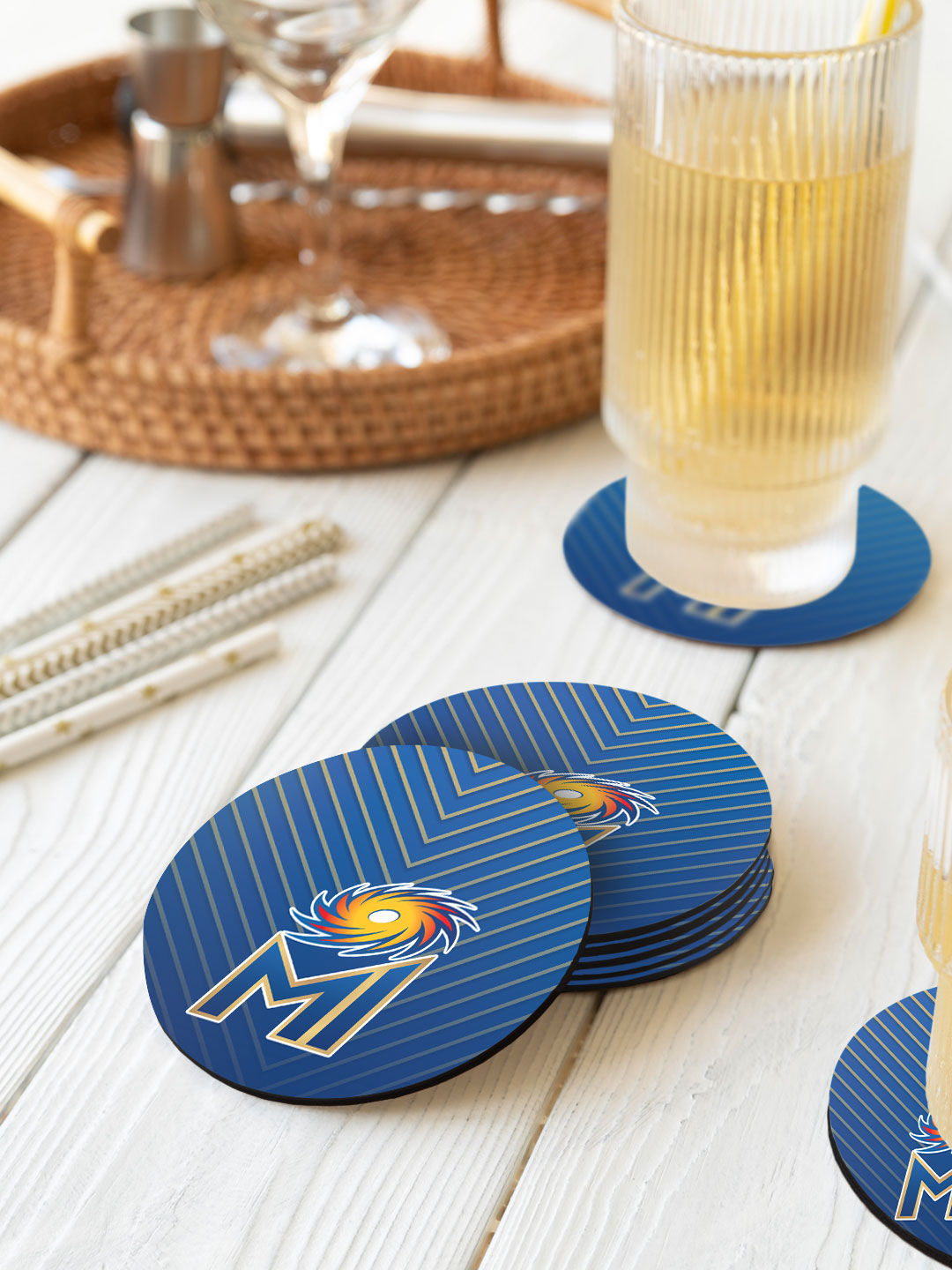 Mumbai Indians Blue and Yellow Printed MI Emblem Circular Rubber Coasters - Set of 4 (5)