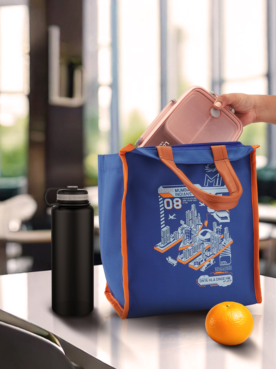 Mumbai Indians Insulated Lunch Bag for Men and Women with Canvas Fabric Zip Closure Multipurpose Bag (Blue/Orange) (4)