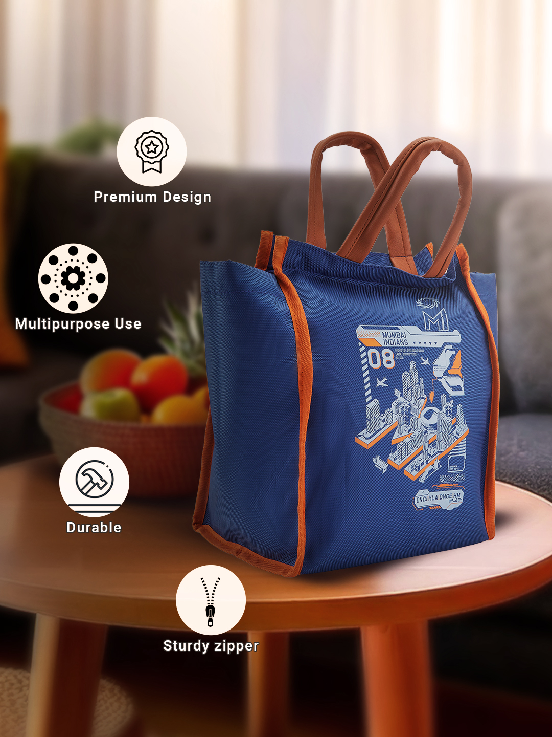 Mumbai Indians Insulated Lunch Bag for Men and Women with Canvas Fabric Zip Closure Multipurpose Bag (Blue/Orange) (6)