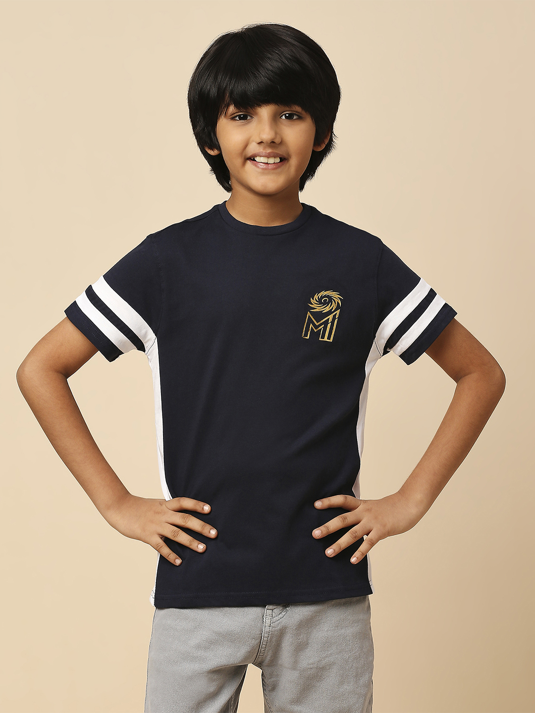 Mumbai Indians Boys Navy Blue and White Colourblocked Half Sleeves Round Neck Cotton T-Shirt (1)