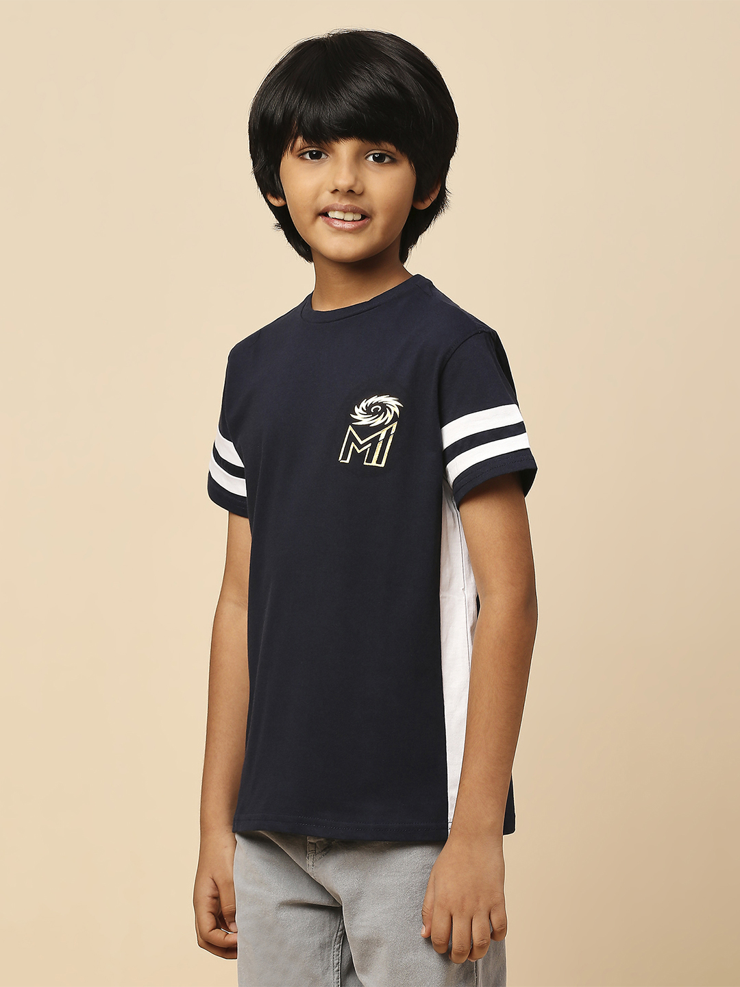 Mumbai Indians Boys Navy Blue and White Colourblocked Half Sleeves Round Neck Cotton T-Shirt (2)