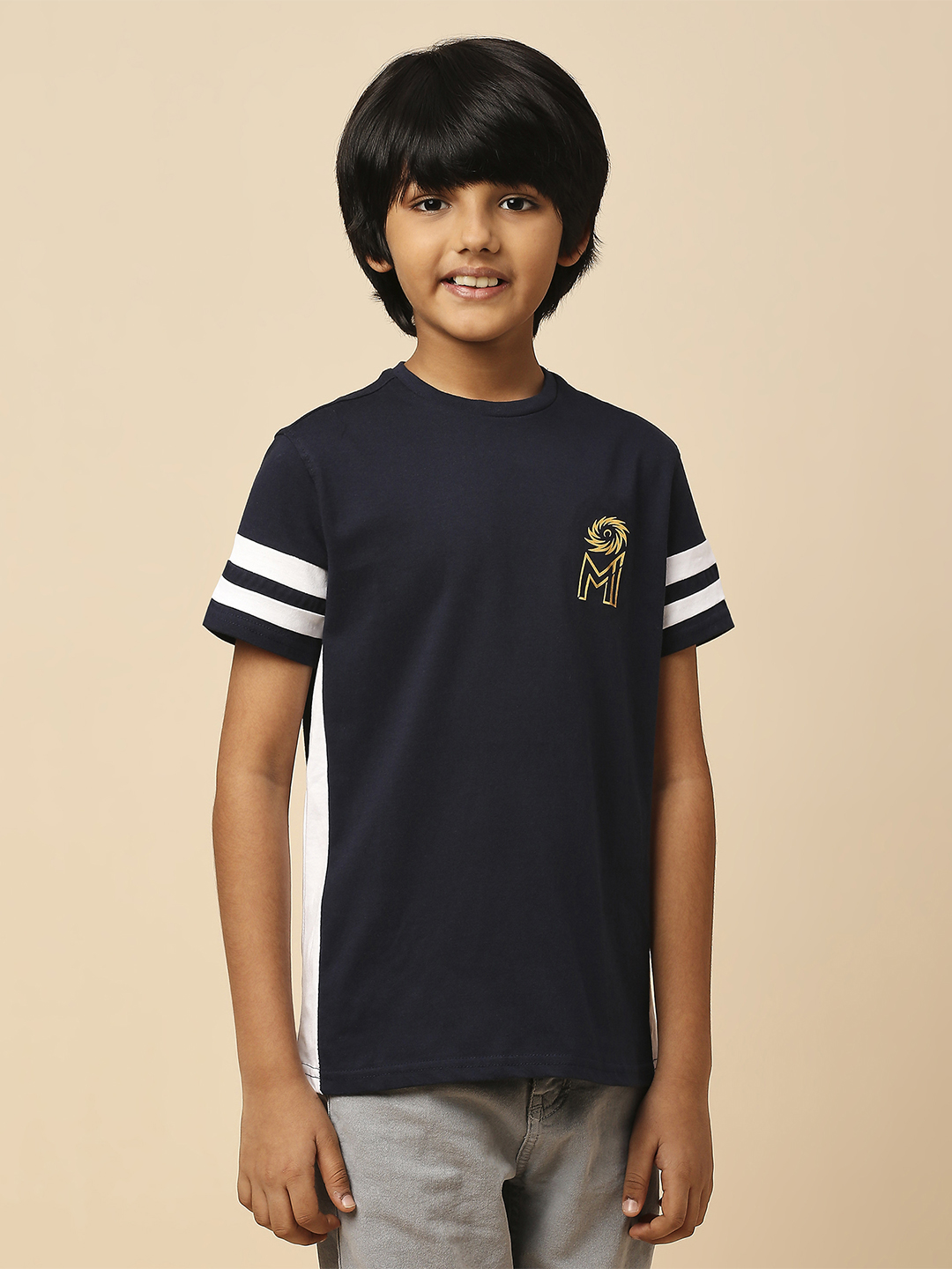 Mumbai Indians Boys Navy Blue and White Colourblocked Half Sleeves Round Neck Cotton T-Shirt (3)