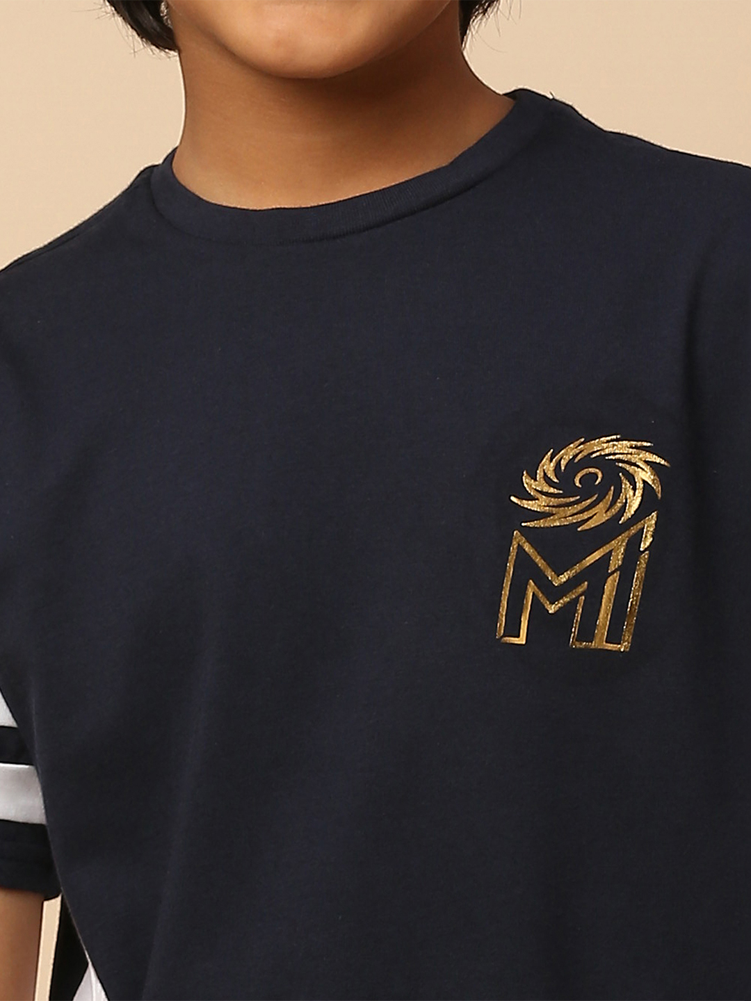 Mumbai Indians Boys Navy Blue and White Colourblocked Half Sleeves Round Neck Cotton T-Shirt (7)