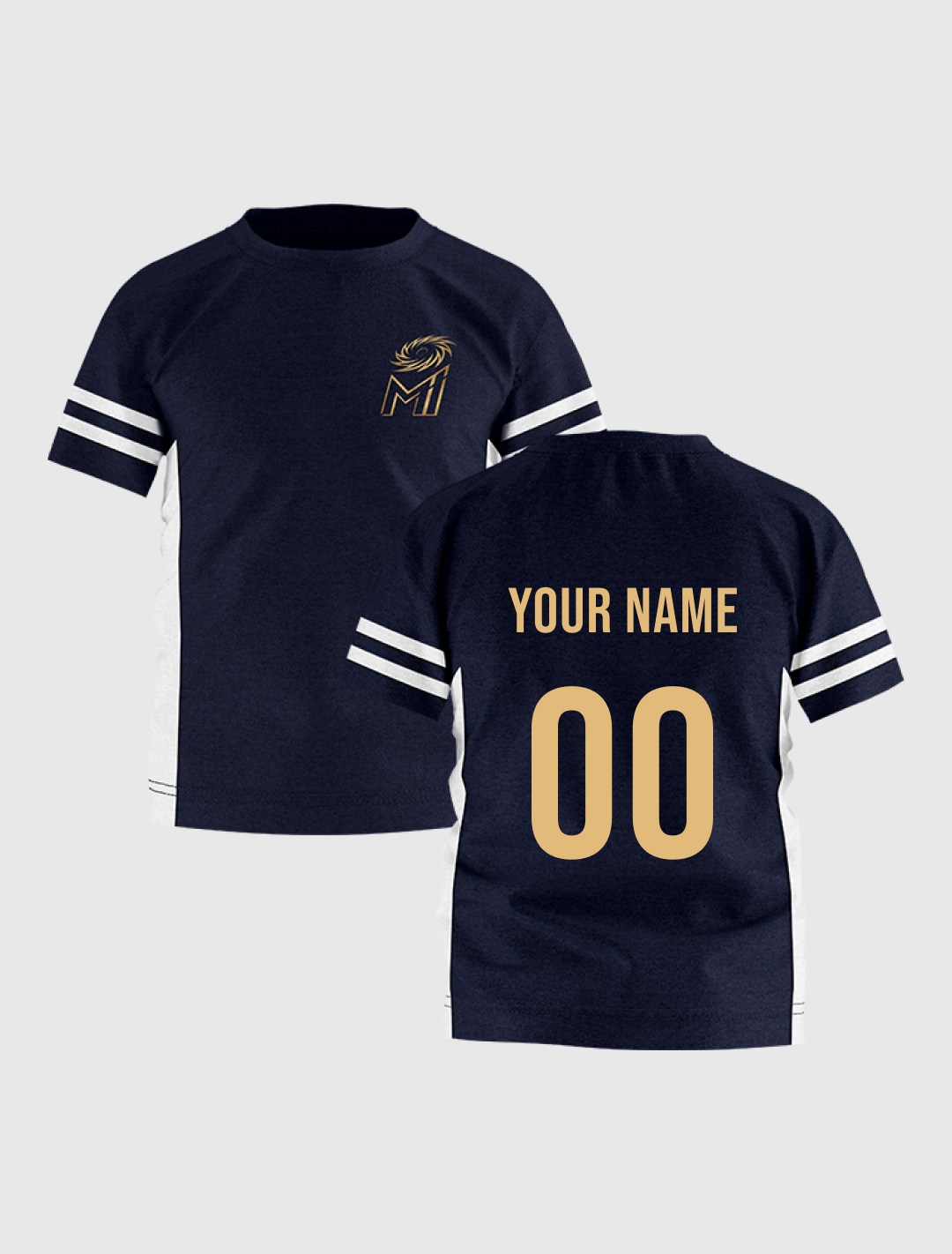 Boys Navy Blue and White Colourblocked Half Sleeves Round Neck Cotton T-Shirt: Customised With Your Name By FanCode