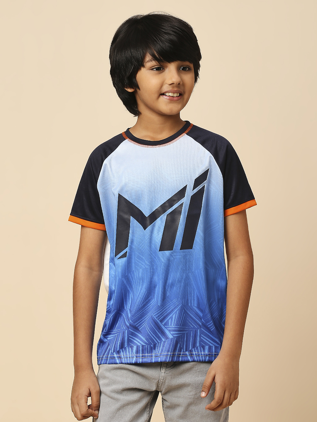 Mumbai Indians Boys White and Blue All Over Print Half Sleeves Round Neck Polyester T-Shirt (1)