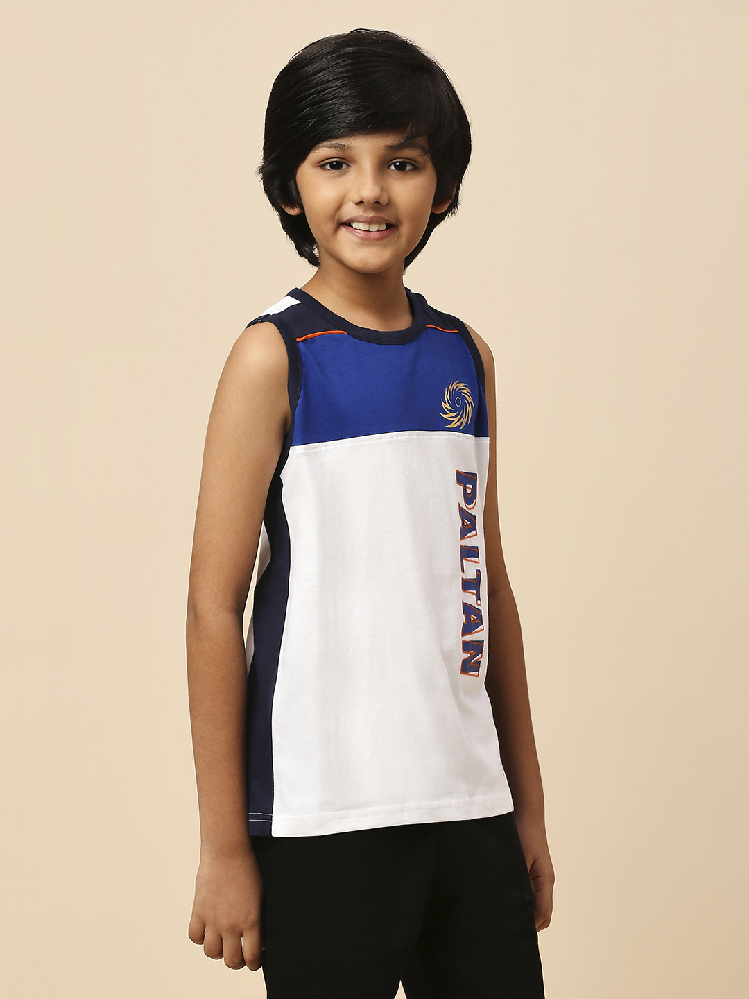 Mumbai Indians Boys White and Blue Colourblocked Sleeveless Round Neck Sports Vest (3)