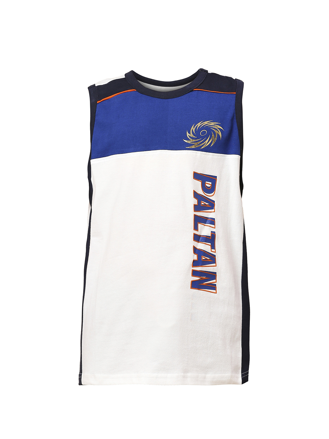 Mumbai Indians Boys White and Blue Colourblocked Sleeveless Round Neck Sports Vest (7)
