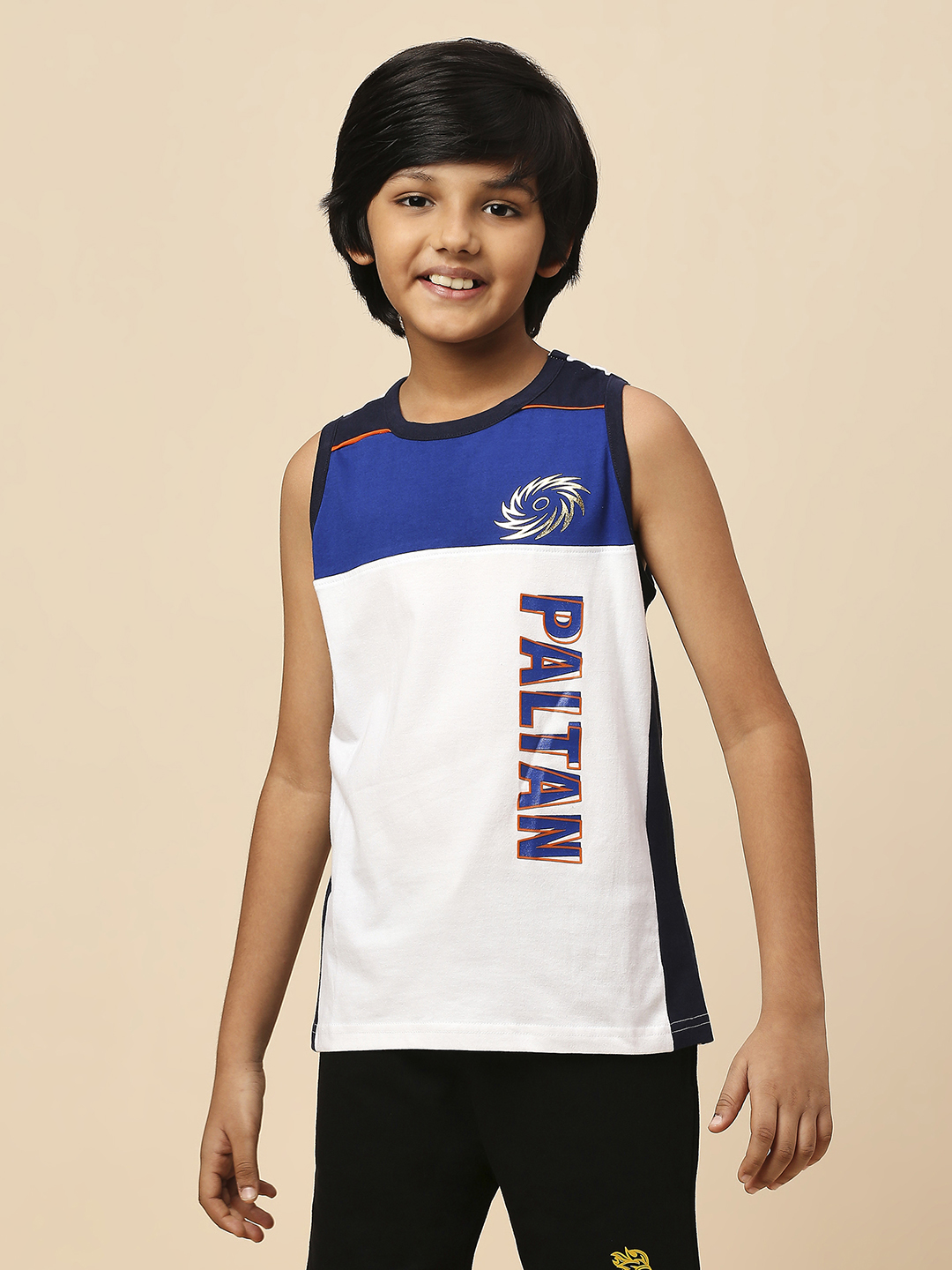 Mumbai Indians Boys White and Blue Colourblocked Sleeveless Round Neck Sports Vest (2)