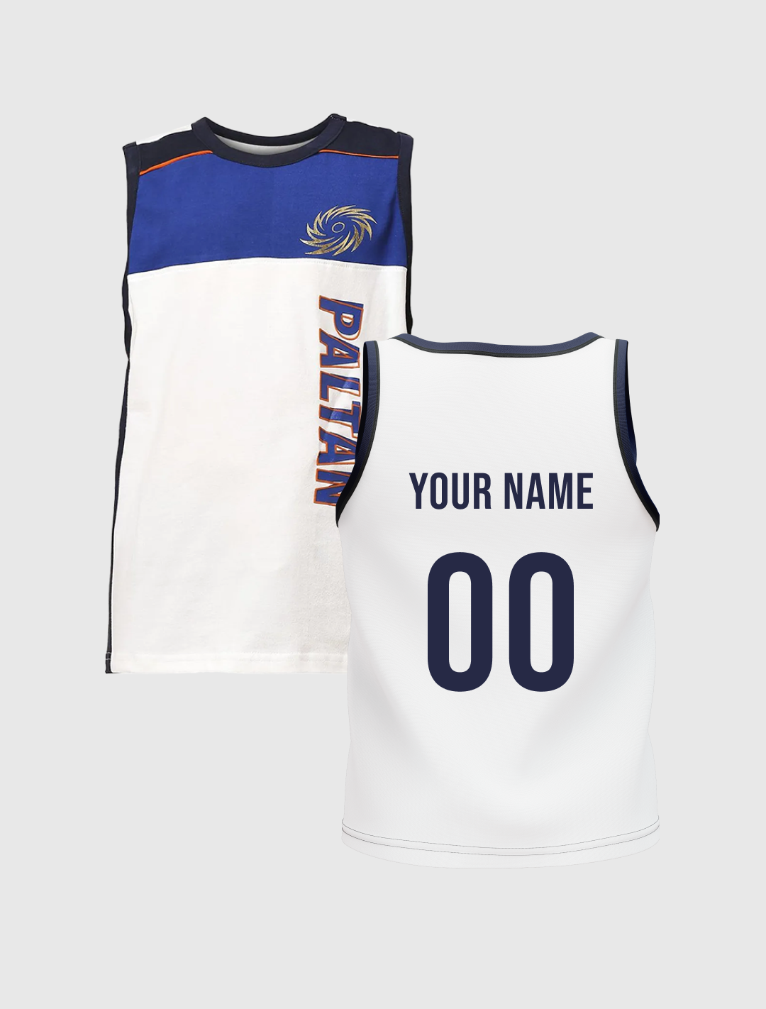 Boys White and Blue Colourblocked Sleeveless Round Neck Sports Vest: Customised With Your Name By FanCode