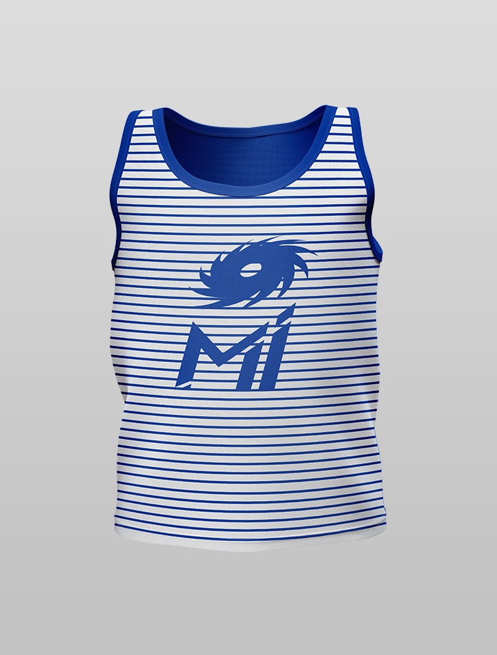 Boys White and Blue Striped Sleeveless Round Neck Sports Vest