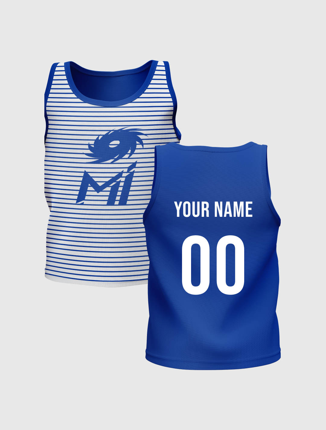 Boys White and Blue Striped Sleeveless Round Neck Sports Vest: Customised With Your Name By FanCode