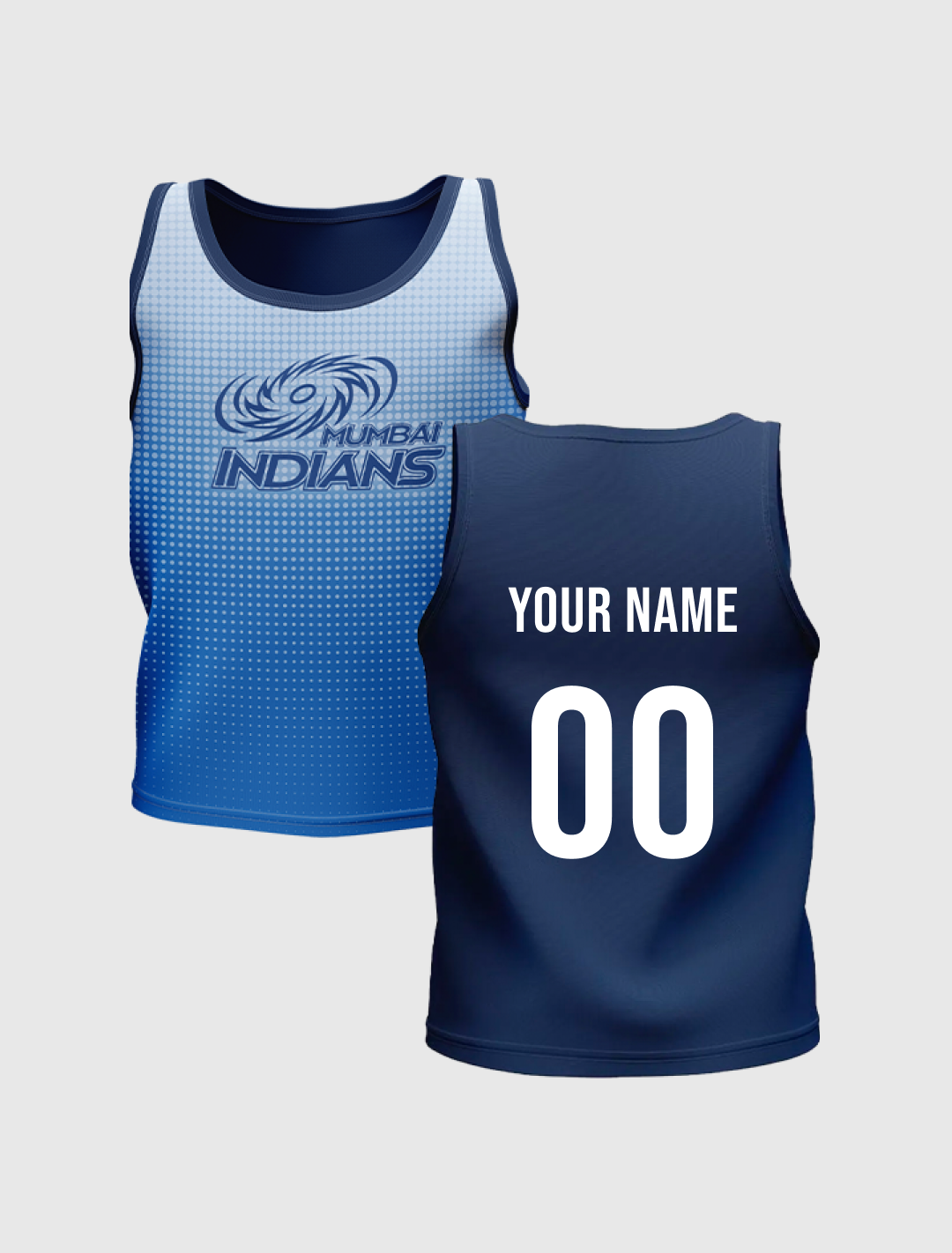 Boys White and Navy Blue All Over Print Sleeveless Round Neck Sports Vest: Customised With Your Name By FanCode